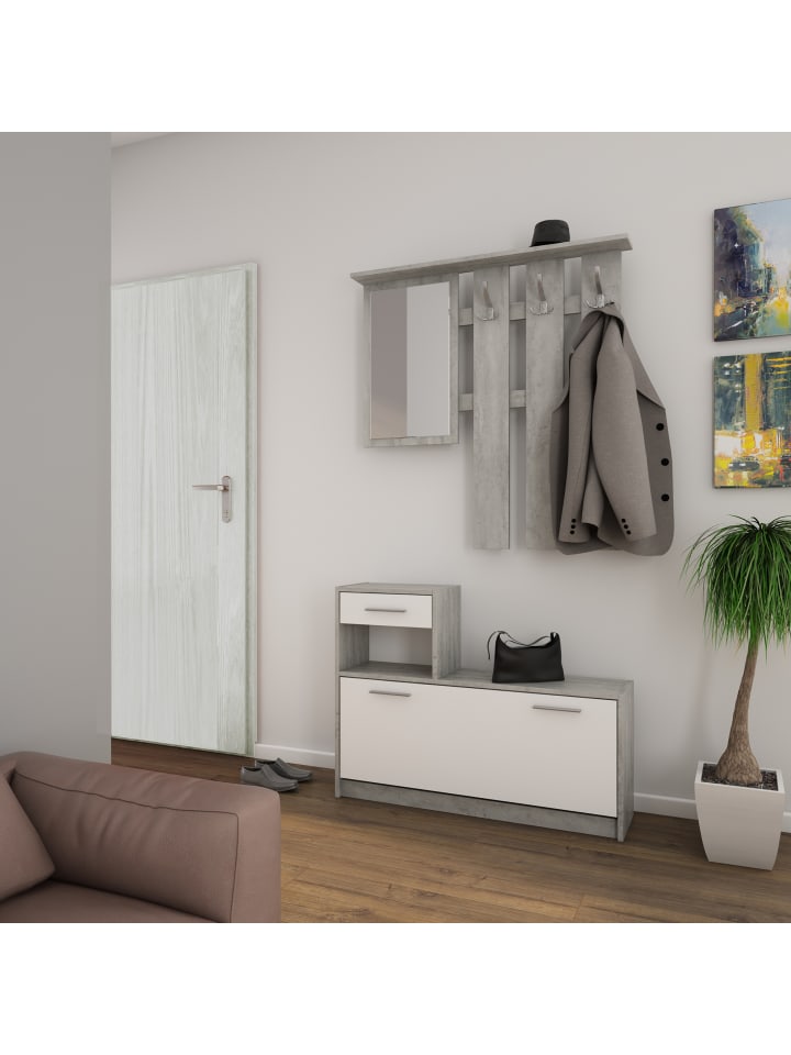 byLiving Garderoben-Set TAMINA in Beton-Optik / Weiß - (B) 97 x (H) 190 x (T) 25 cm günstig kaufen onesize