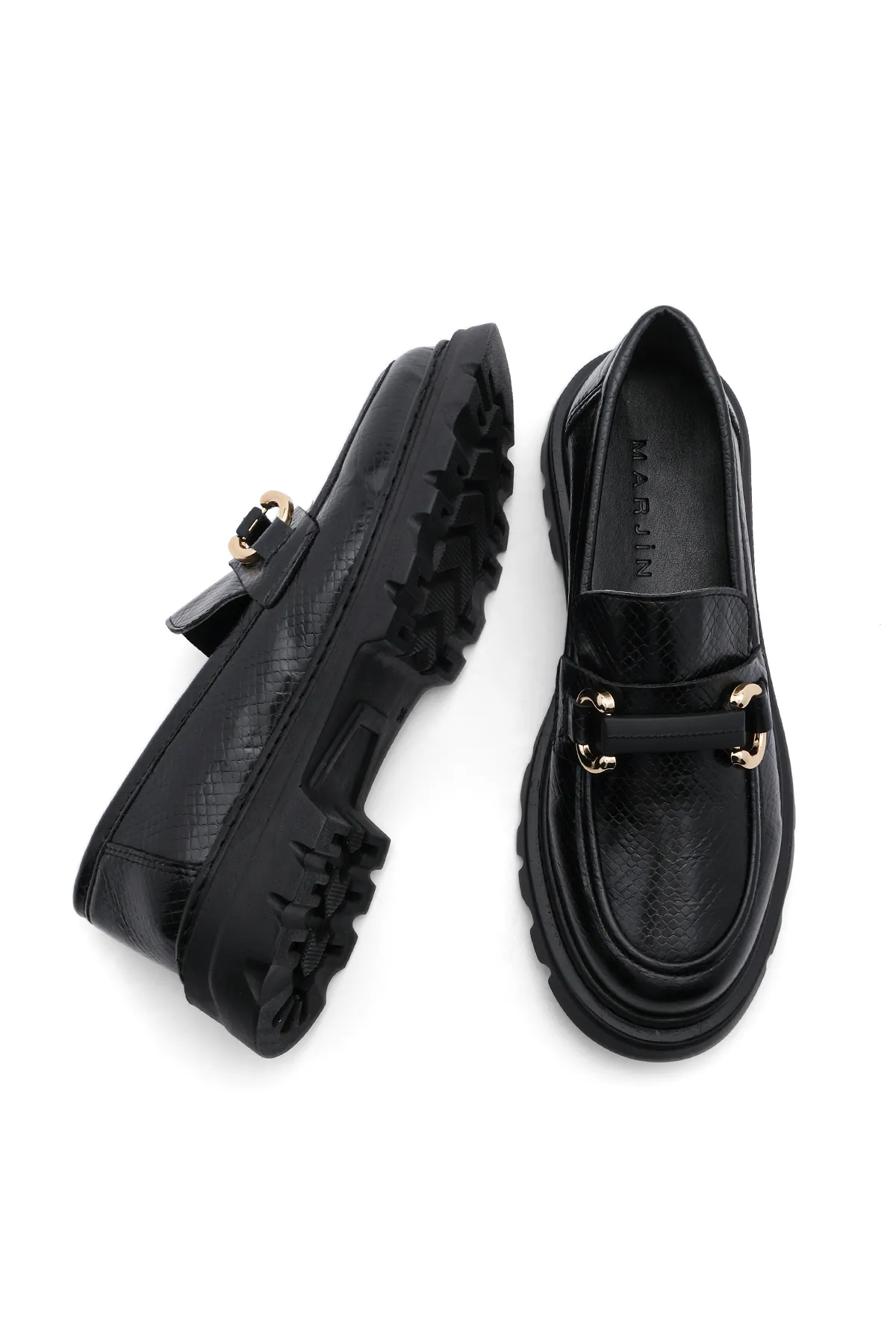 Marjin  Damen Loafer Hohe Sohle Schnalle Freizeitschuhe Kinles Black Snake