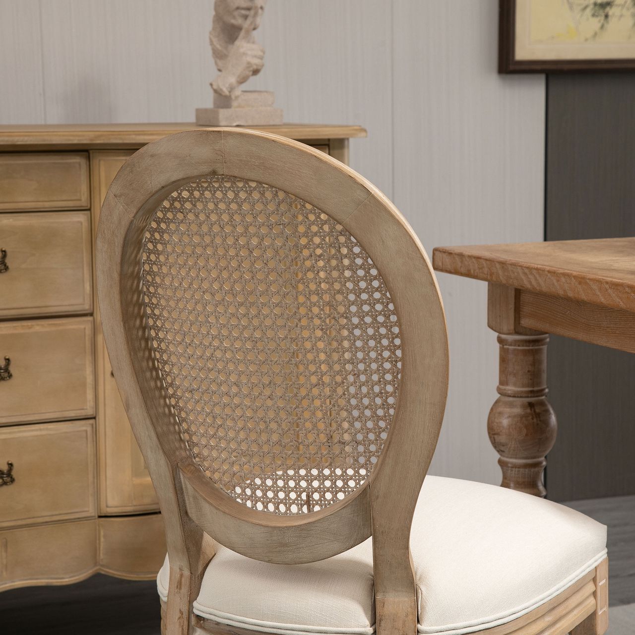HOMCOM 2er Set Esszimmerstühle Küchenstuhl mit Rattan-Rückenlehne Linen-Touch