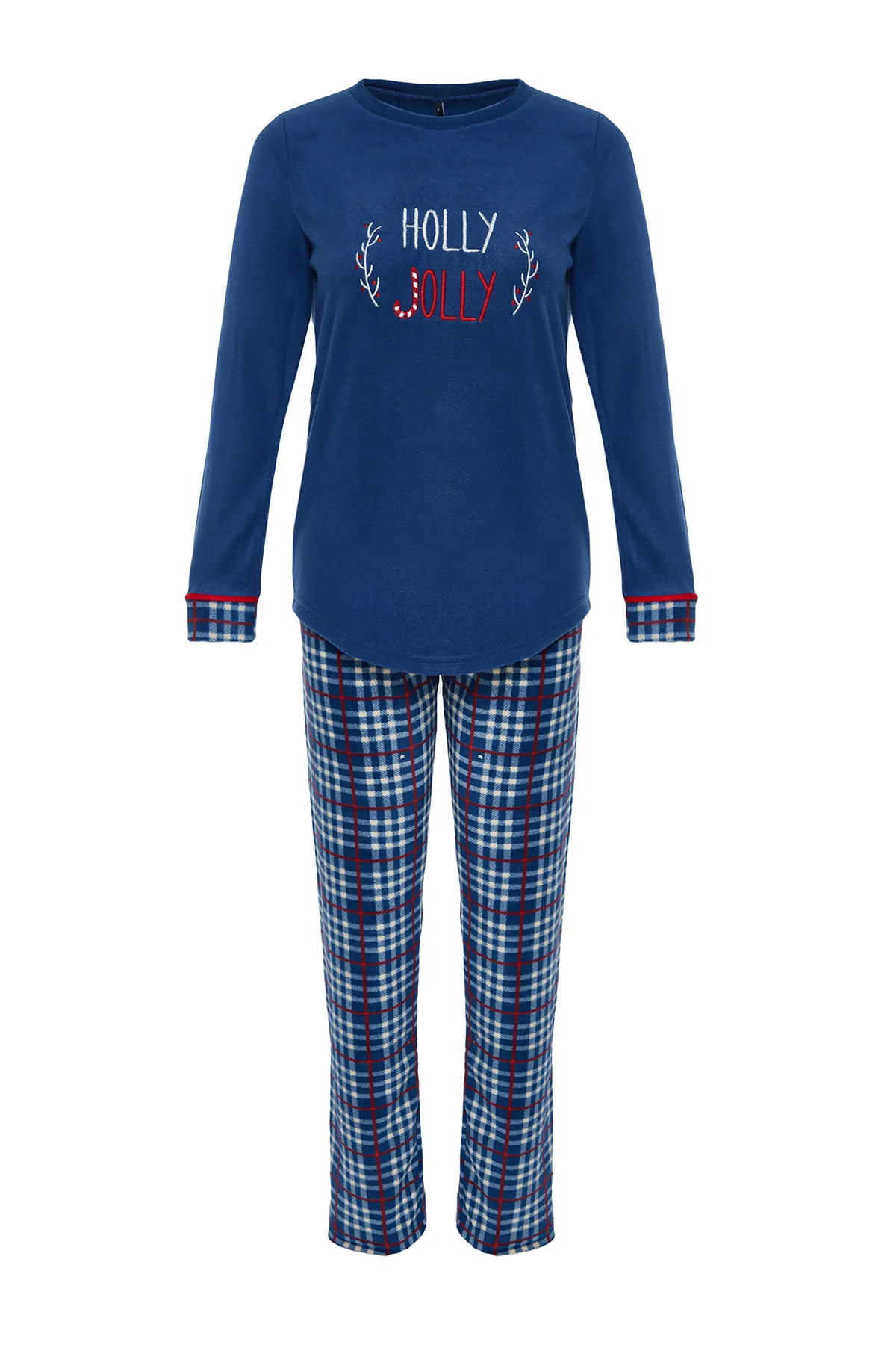 Trendyol Collection  Marineblaues Pyjama-Set aus Fleece mit Slogan und kariertem T-Shirt und Hose aus Strick THMAW24PT00277