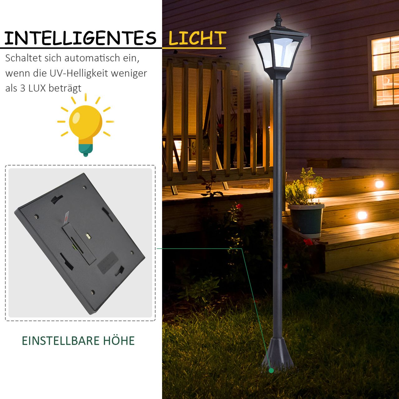 Outsunny Solar Laterne Gartenlaterne Gartenleuchte mit LED 10 Lumen H120cm