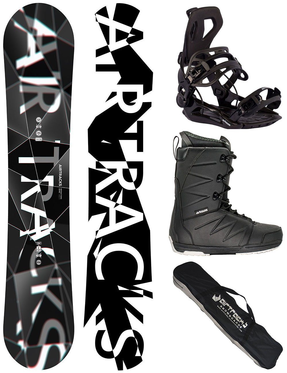 Airtracks Snowboard Snowboard Komplett Set Refractions Game Wide / Mod. 23 (4er Pack), Snowboard + Bindung Master + Boots + Bag / 155 159 161 165 168 171 cm