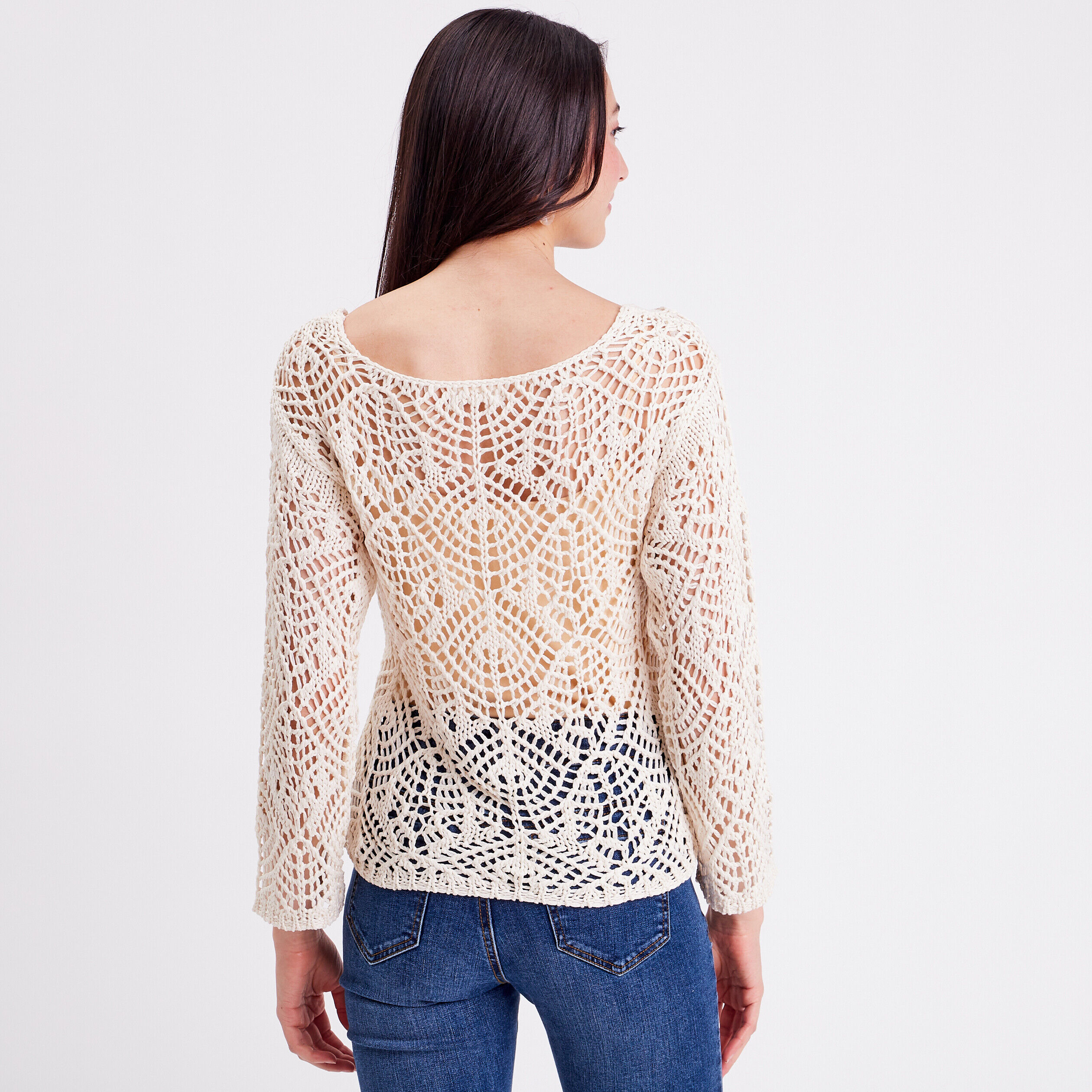Pull crochet manches longues ivoire femme | Cache Cache