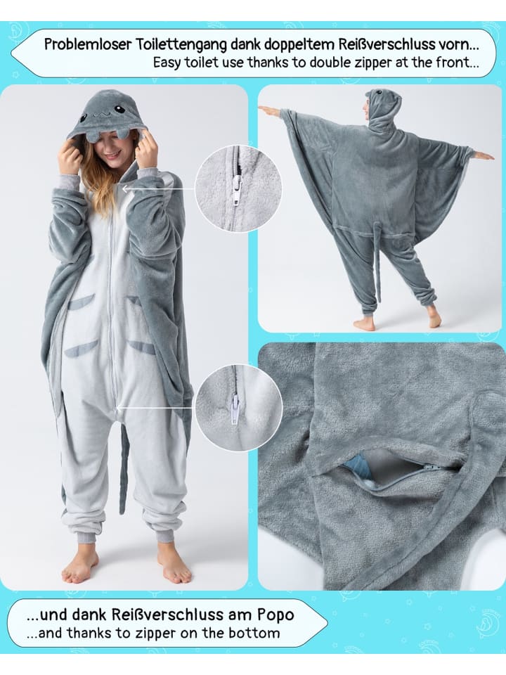 Corimori Flauschiges Manta Rochen-Kostüm für Erwachsene mit Haarreif | Kostüm Onesie in Grau günstig kaufen