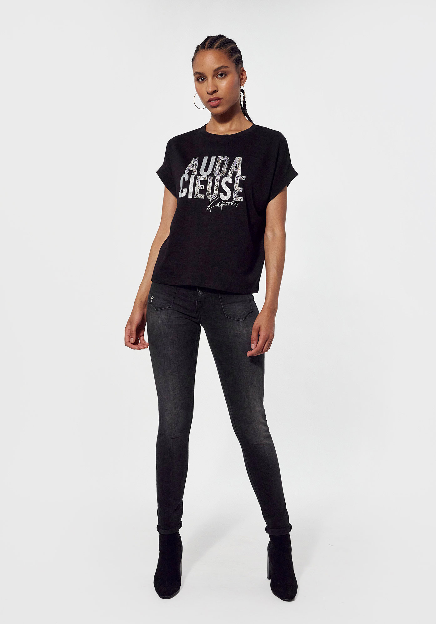 DER    T-shirt cintré noir chiné femme
