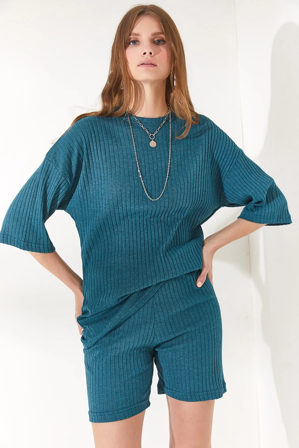 Olalook  Damen Petrolblau Unterteil Kurze Strumpfhose Top Lockere Bluse Set TKM-19000200