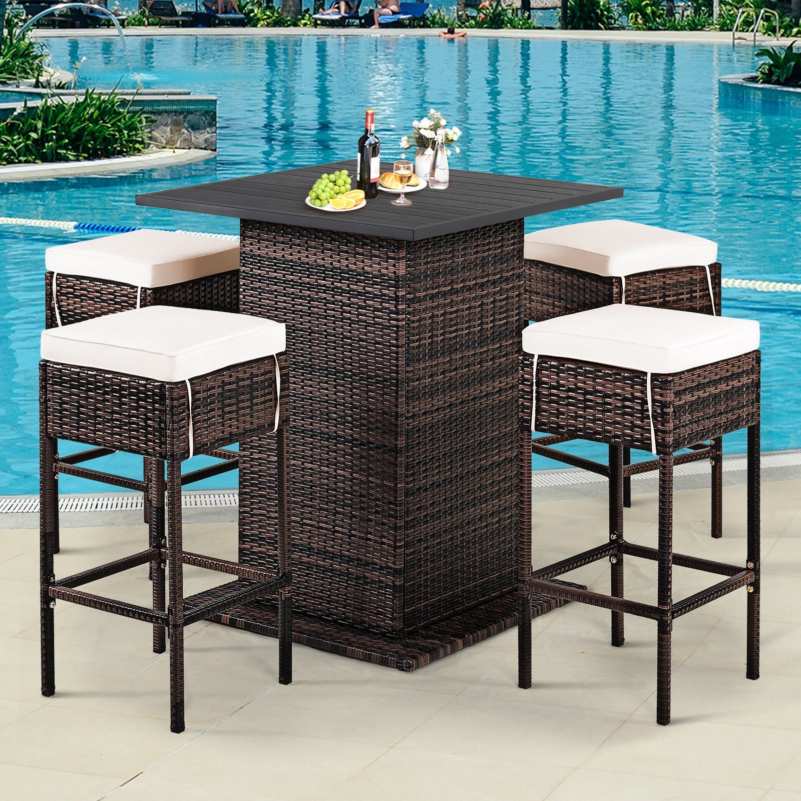 COSTWAY Gartenbar-Set, 5-tlg, Rattan, Tisch mit Stauraum&4 Hockern mit Kissen