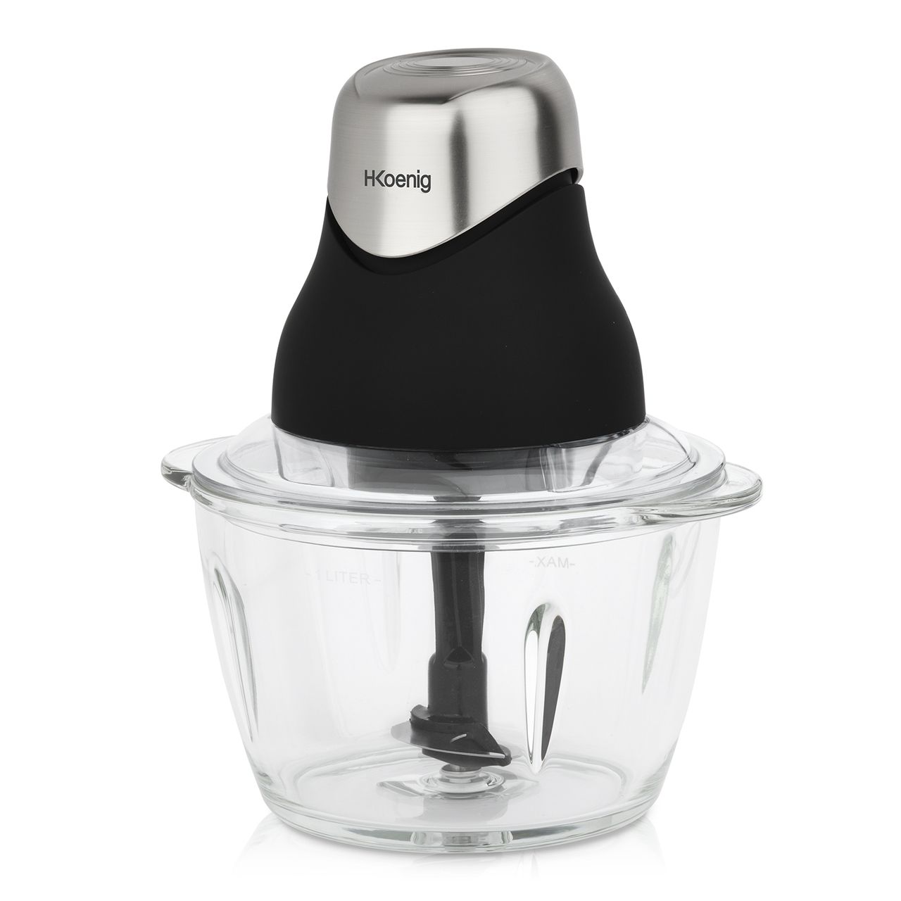 H.Koenig Mini elektrischer Fleischwolf Mattschwarz Chrom LEO8 Widerstandsfähige Schüssel Graduierte Glasschüssel 1L Edelstahlklingen, Einfach zu verwenden, Gemüse Zwiebel Salat Pesto Petersilie Nüsse Fleisch Knoblauch, Aufbewahrungsdeckel