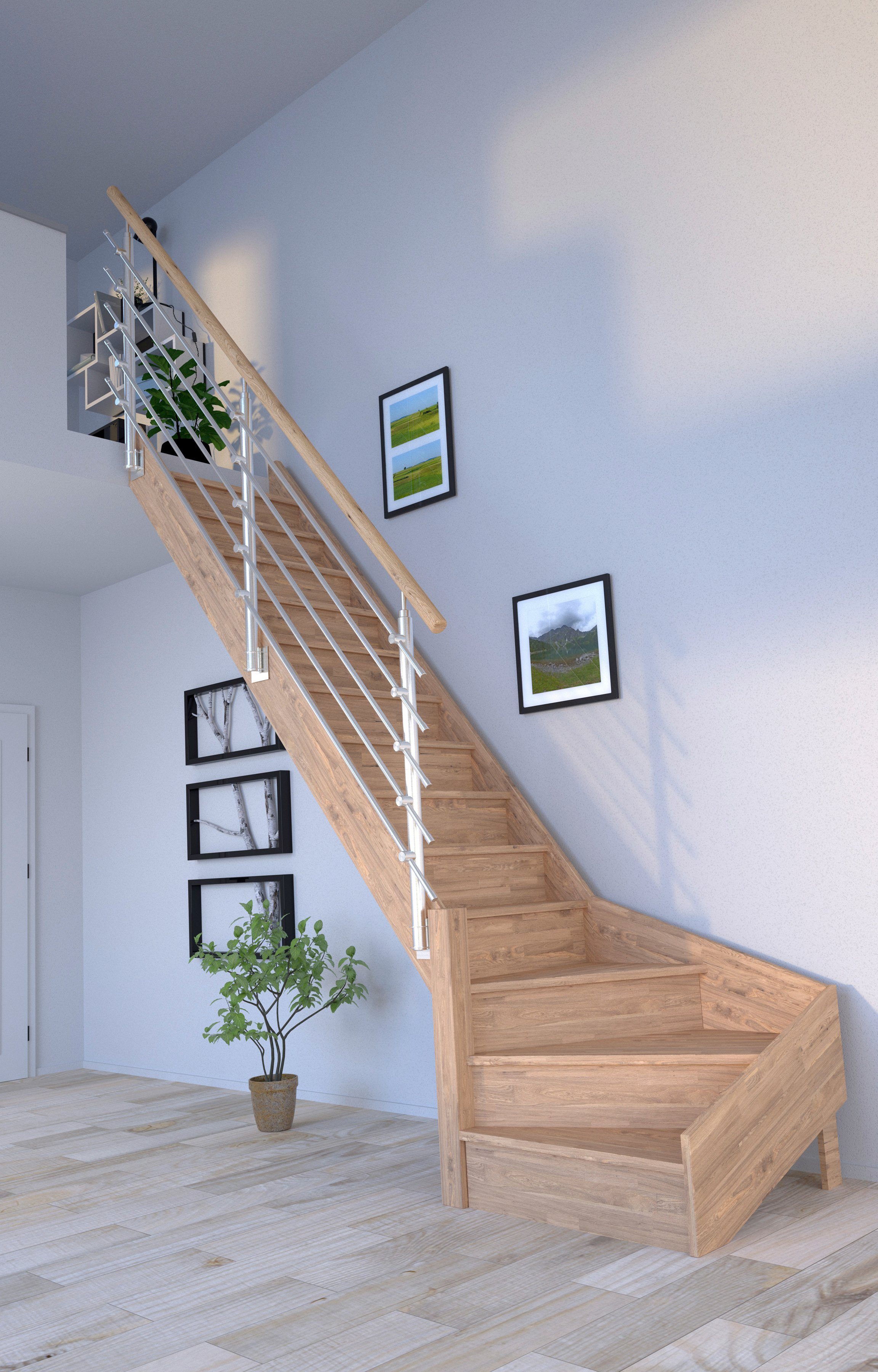 Starwood Raumspartreppe Massivholz Rhodos, Design-Geländer Edelstahl, für Geschosshöhen bis 300 cm, Stufen geschlossen, gewendelt Links, Durchgehende Wangenteile