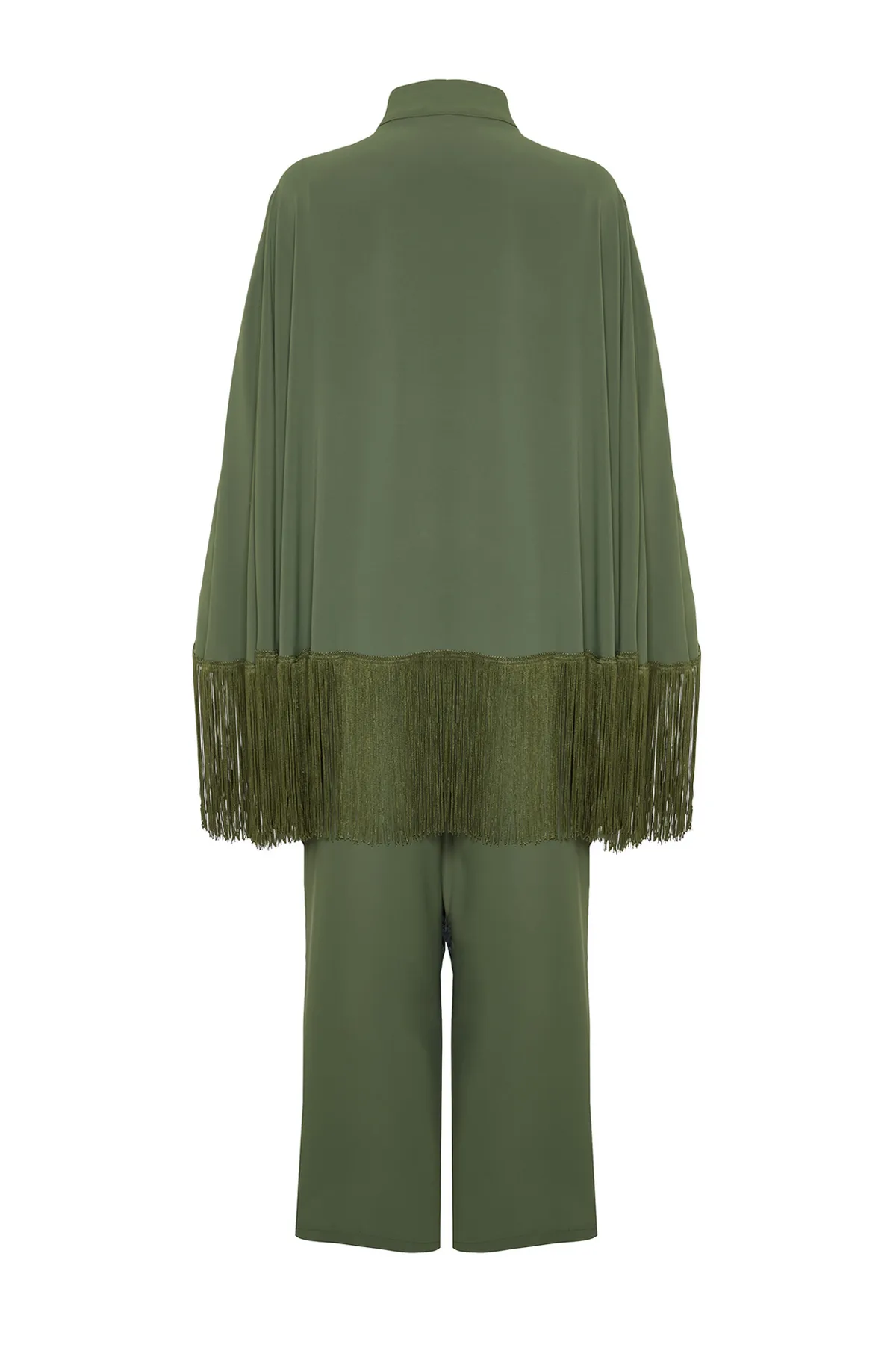 Trendyol Modest  Khakifarbener Abendkleid-Overall mit Quasten und Umhang TCTAW24DB00007