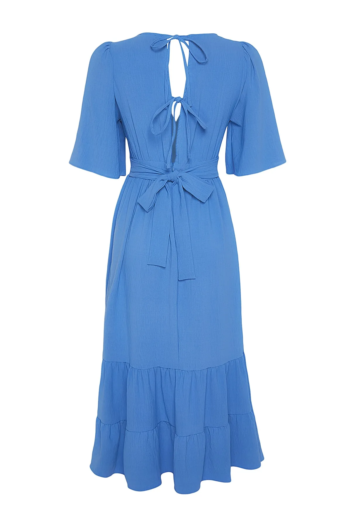 Trendyol Collection  Indigofarbenes, gewebtes, zweireihiges, gewebtes Midikleid mit Kragen hinten und detailliertem Gürtel TWOSS23EL02164