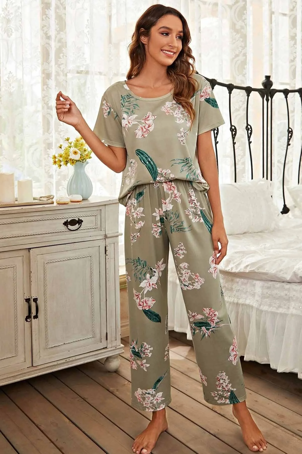Merry See  Kurzärmliges Pyjama-Set aus weichem Stoff mit Blumendruck