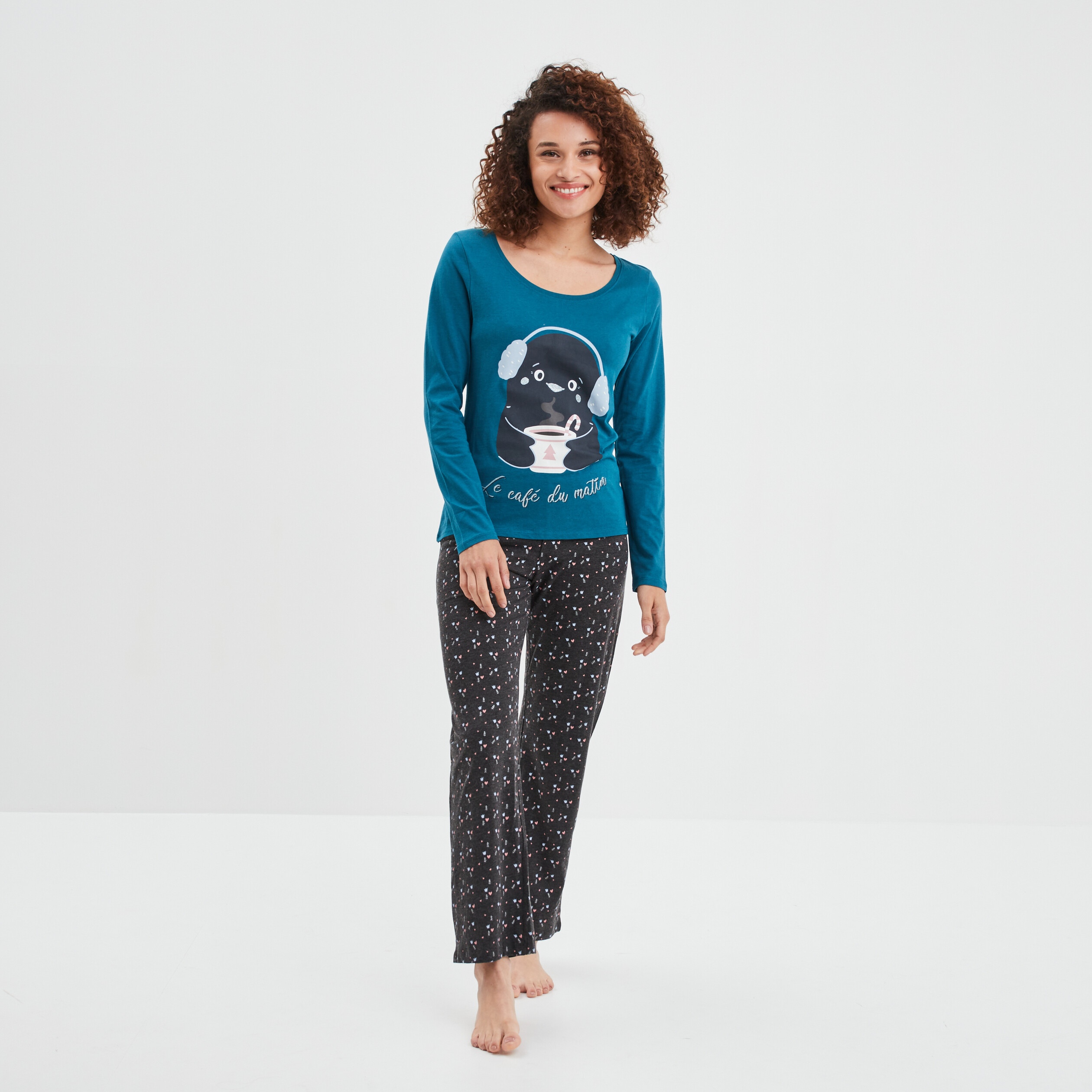 Ensemble pyjama pantalon 2 pièces coton bleu canard femme | La Halle
