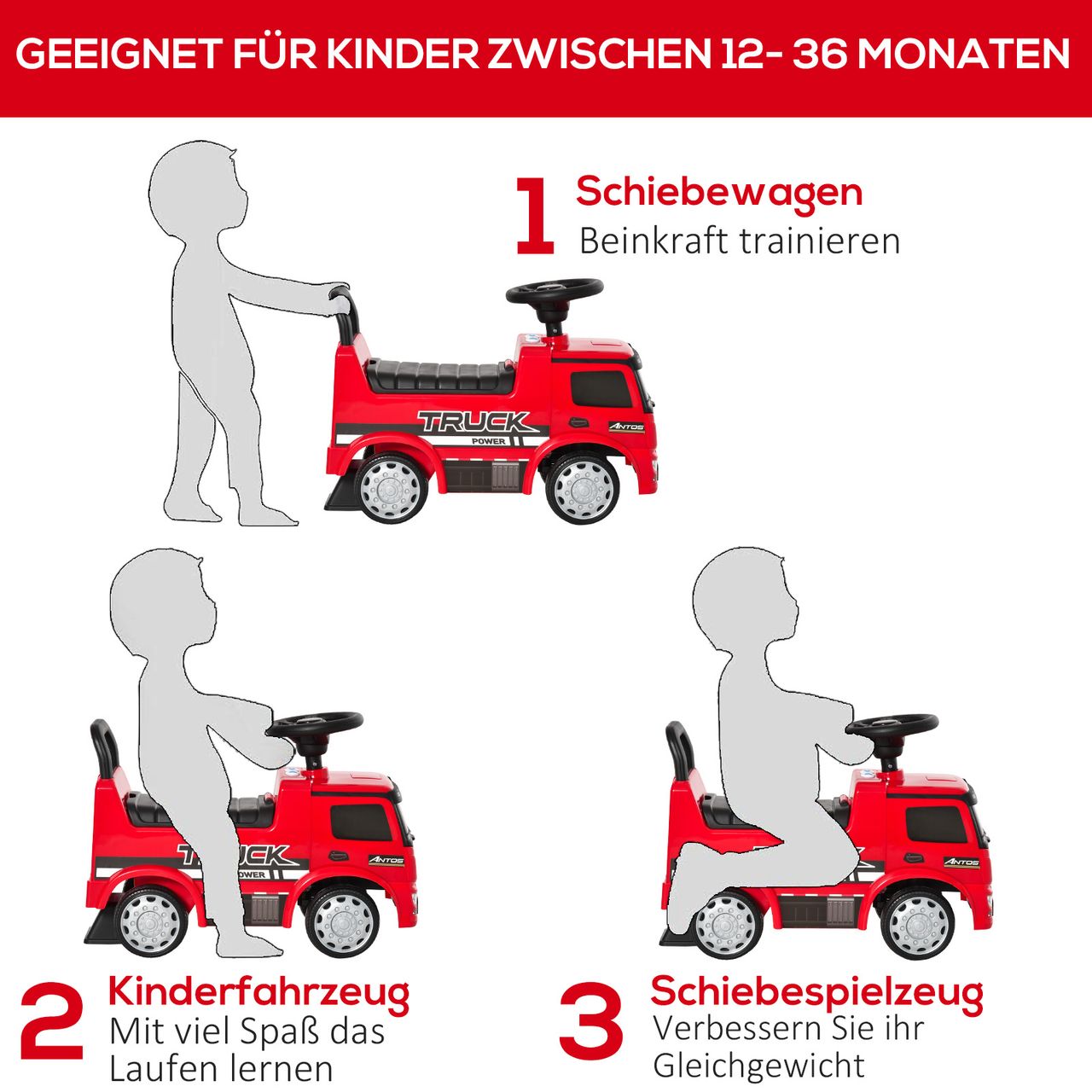 HOMCOM Rutscherfahrzeug Rutscherauto Babyrutscher Kinderfahrzeug lizenziert von Mercedes ANTOS-LKW-Stil mit Licht für Kinder von 12 bis 36 Monaten Metall PP-Kunststoff Rot Schwarz 62,5x28,5x45cm