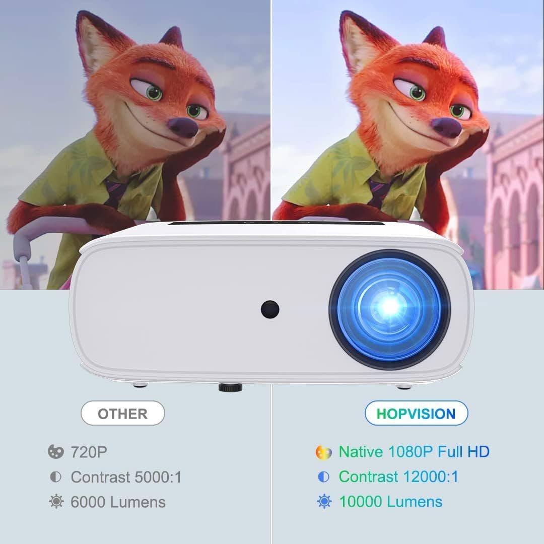HOPVISION Native 1080P 4K unterstützt Portabler Projektor (10000 lm, 12000: 1, 1920x1080 px, Maximal 350''Display langlebig, vielseitig vernetzbar mit SRS-Sound)