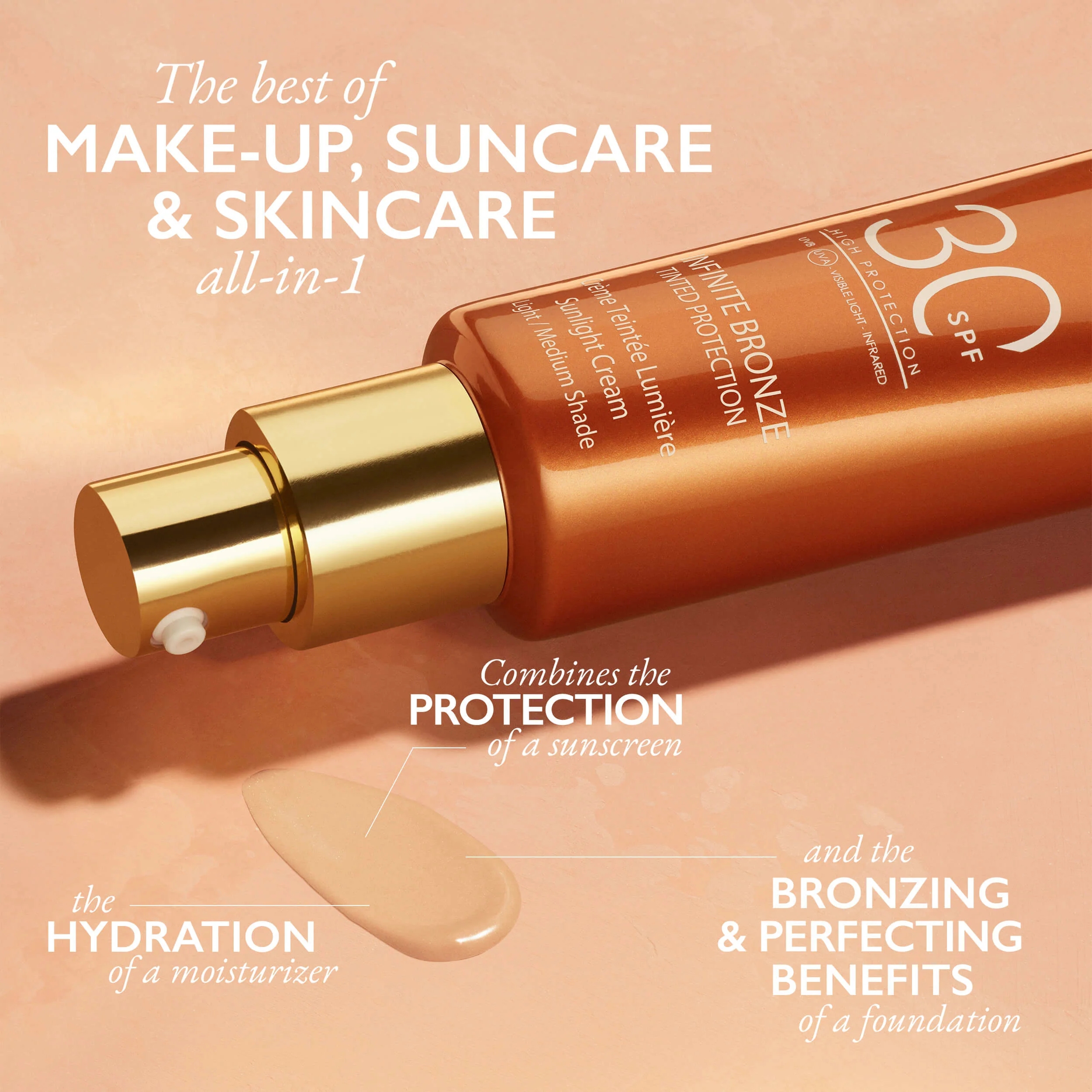 „Lancaster Make-up Infinite Bronze Tinted Protection Sunlight Cream SPF30“ – veido makiažas su apsauga nuo saulės, kreminis makiažo pagrindas