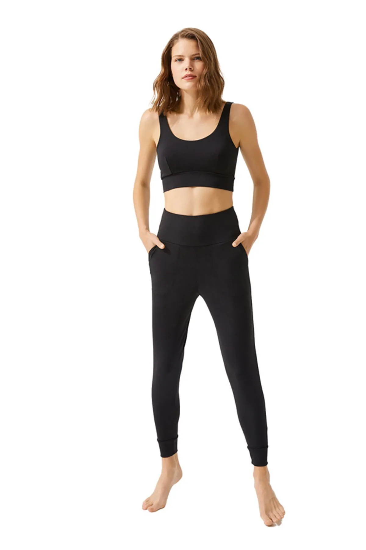 Cottonhill  Schwarze Damen-Jogger-Jogginghose mit hoher Taille und doppelten Taschen