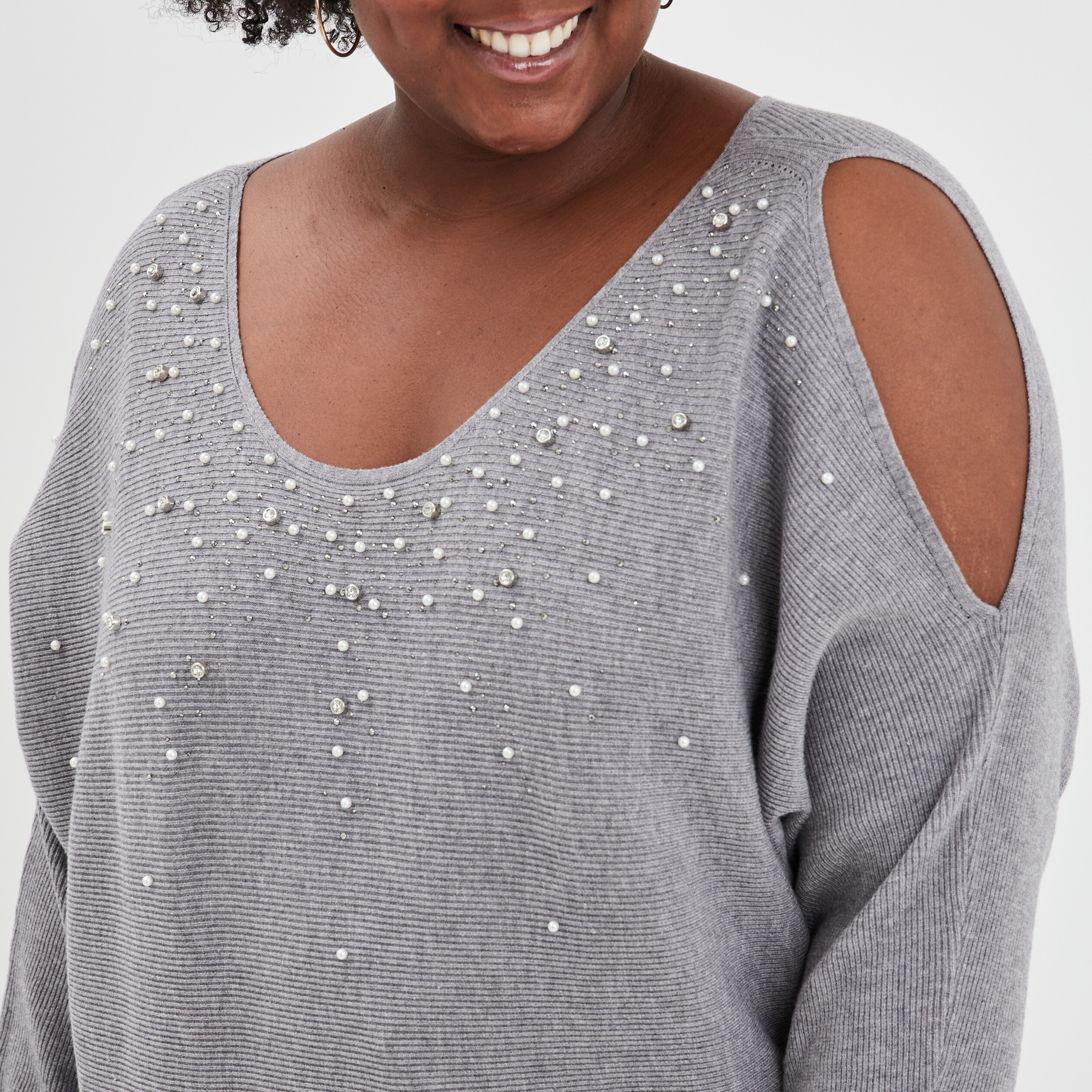 Pull perles strass manches avec fentes gris femme grande taille | La Halle