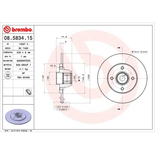 Bremsscheibe Brembo Hinterachse  1 Stück 08.5834.15 - ATU