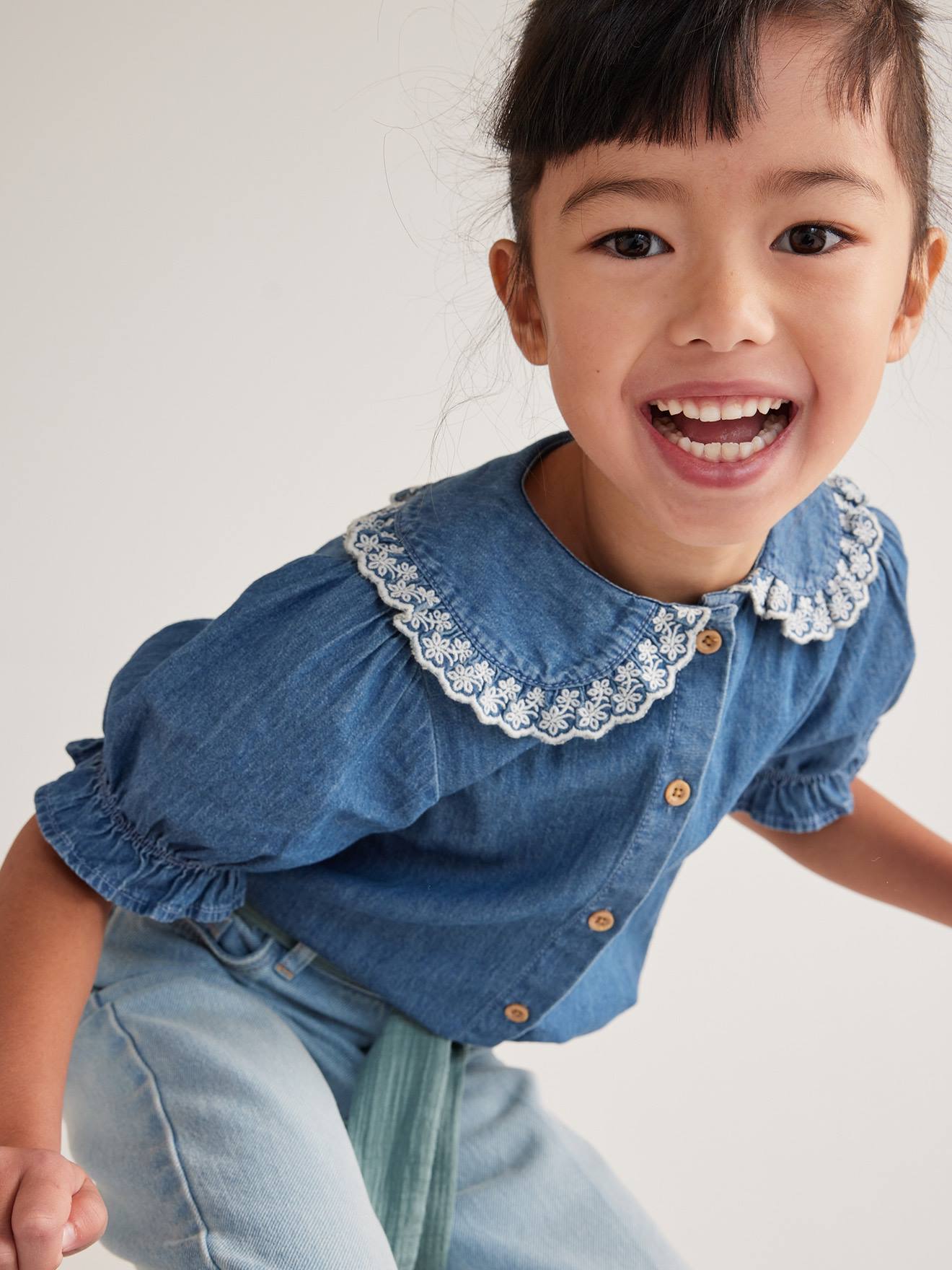 Vertbaudet Mädchen Jeansbluse mit Bubikragen - blue stone