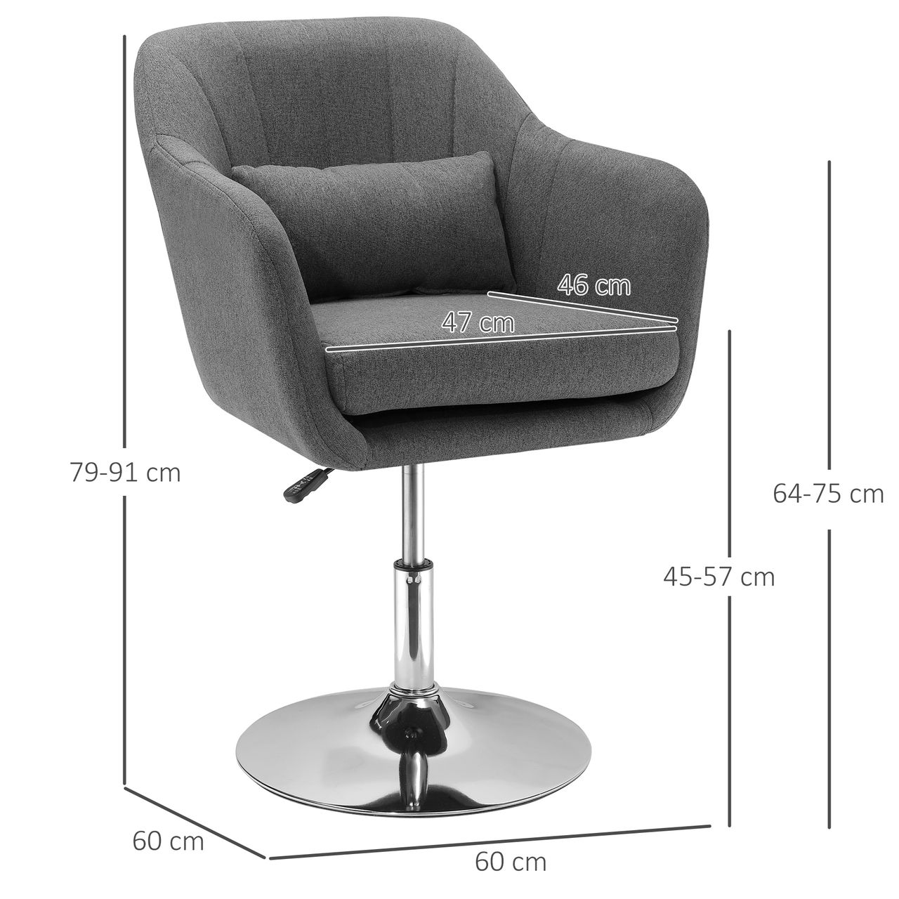 HOMCOM Arbeitshocker Drehhocker Drehstuhl Bürostuhl höhenverstellbar, leinenartiges Polyester, Stahl, Dunkelgrau, 57 x 57 x 77,5-87 cm