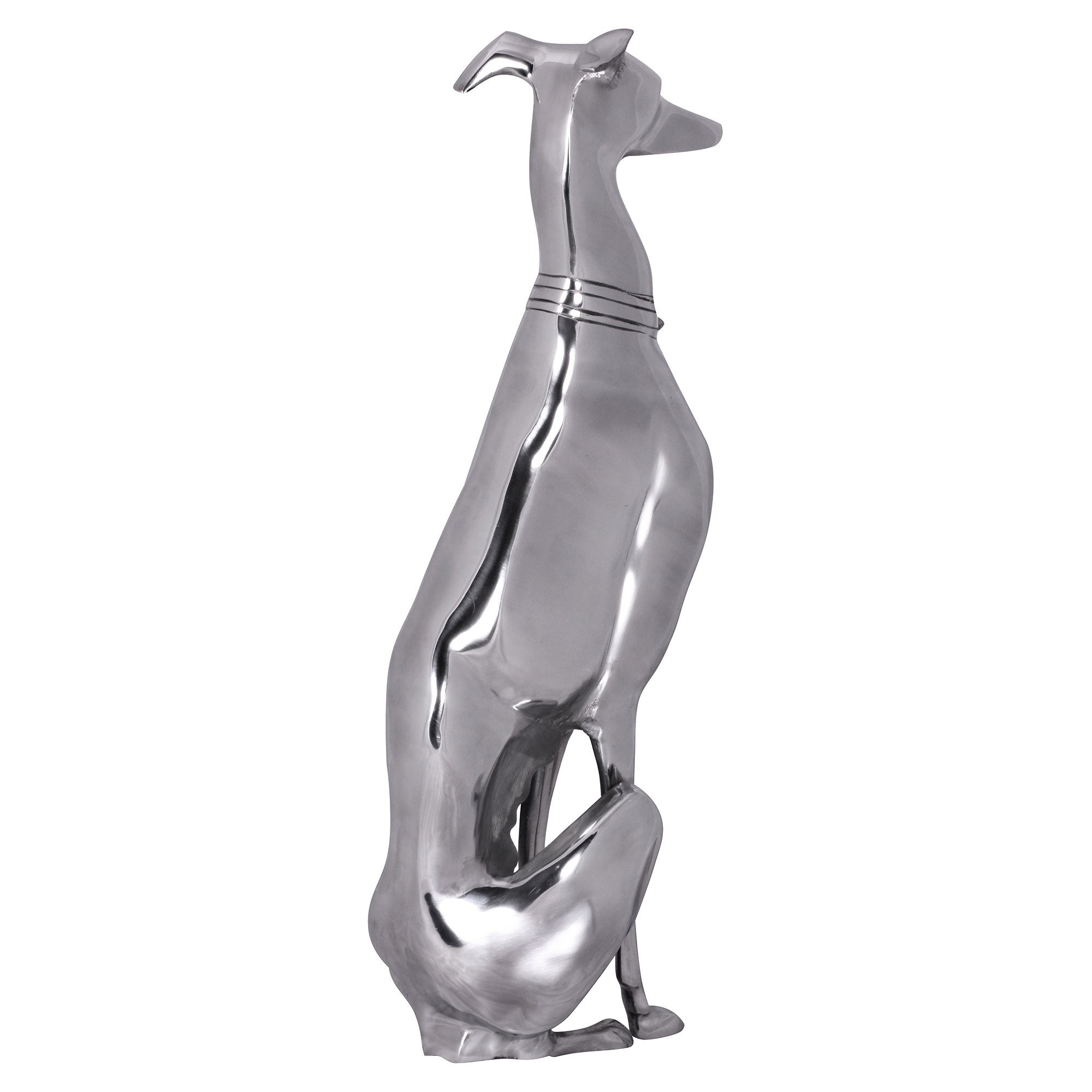 FINEBUY Tierfigur FB37863 (Windhund 18x70x25cm Aluminium Metall Silber Modern), Hundefigur Groß, Skulptur Hundestatue Dekoration
