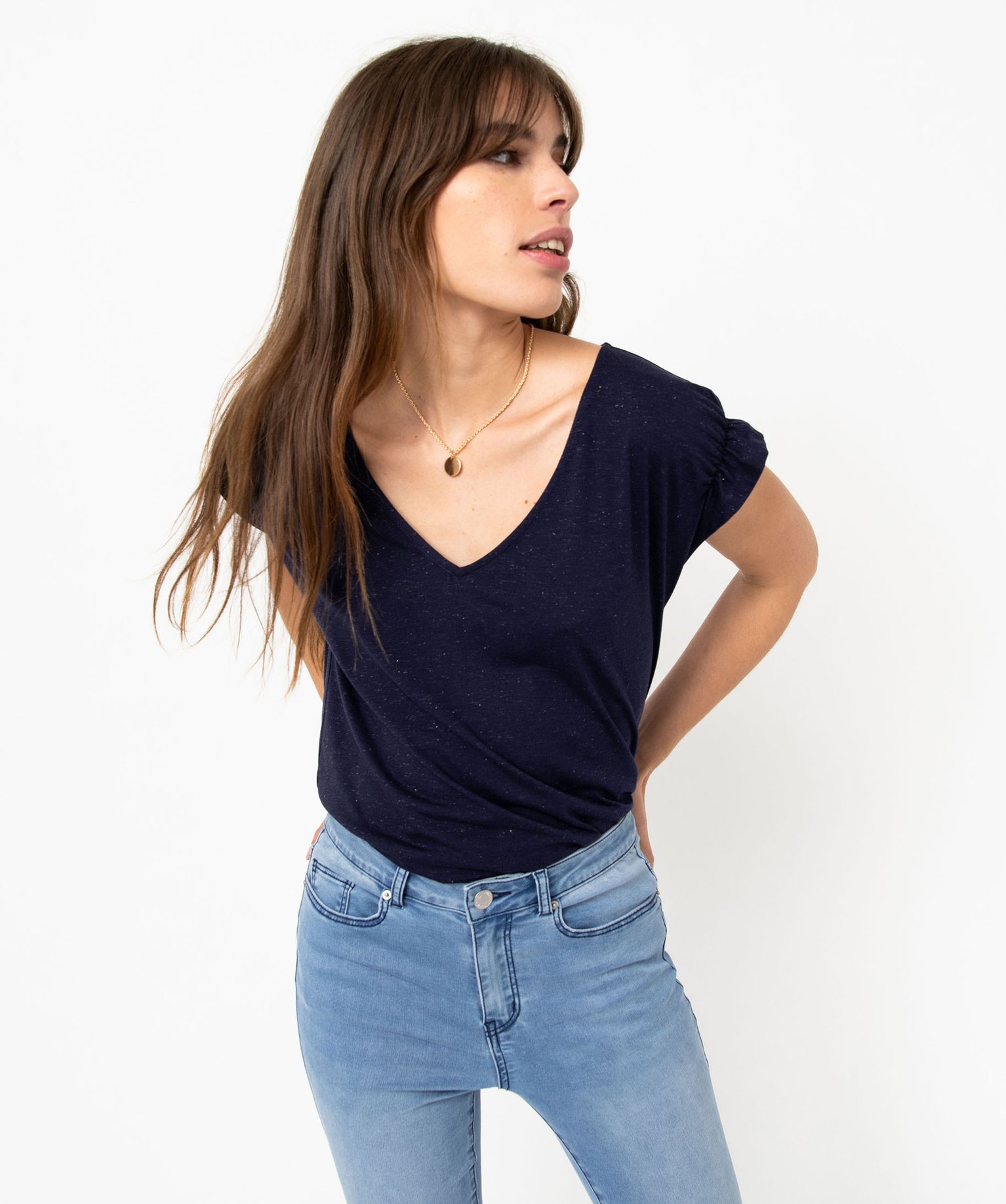 Tee-shirt femme à manches courtes froncées et col V marine | GEMO