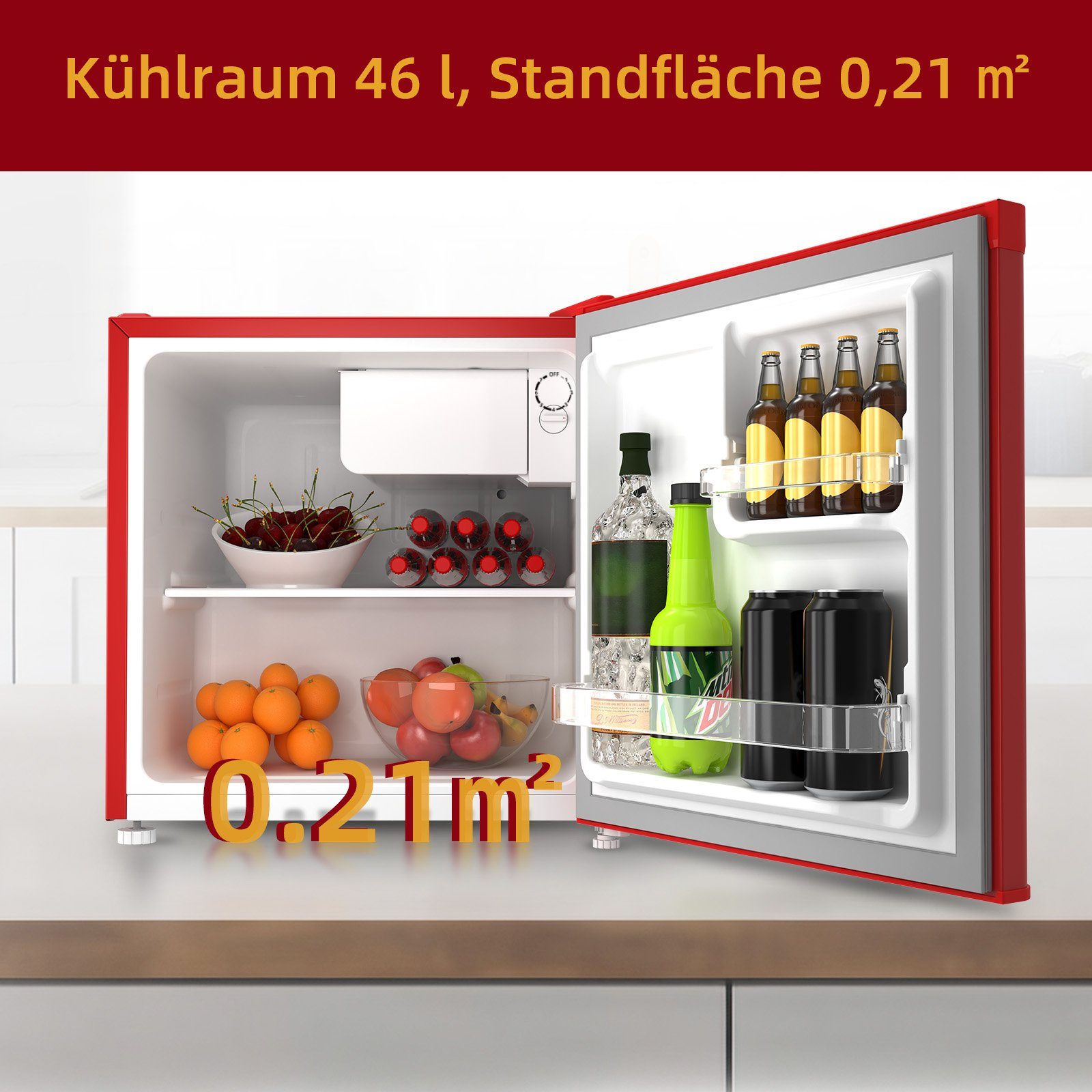 CHiQ Table Top Kühlschrank CSD46D4RE, 50 cm hoch, 47 cm breit, Mini Kühlschrank, 39dB,12 Jahre Garantie auf den Kompressor