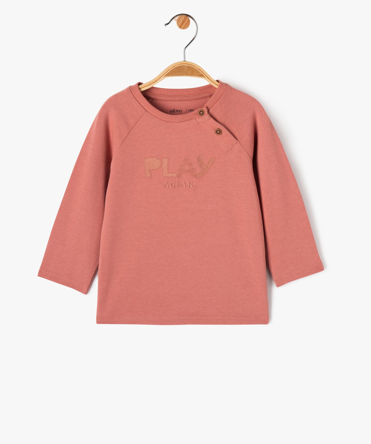 Tee-shirt manches longues en coton épais brodé bébé Garçon rose | GEMO