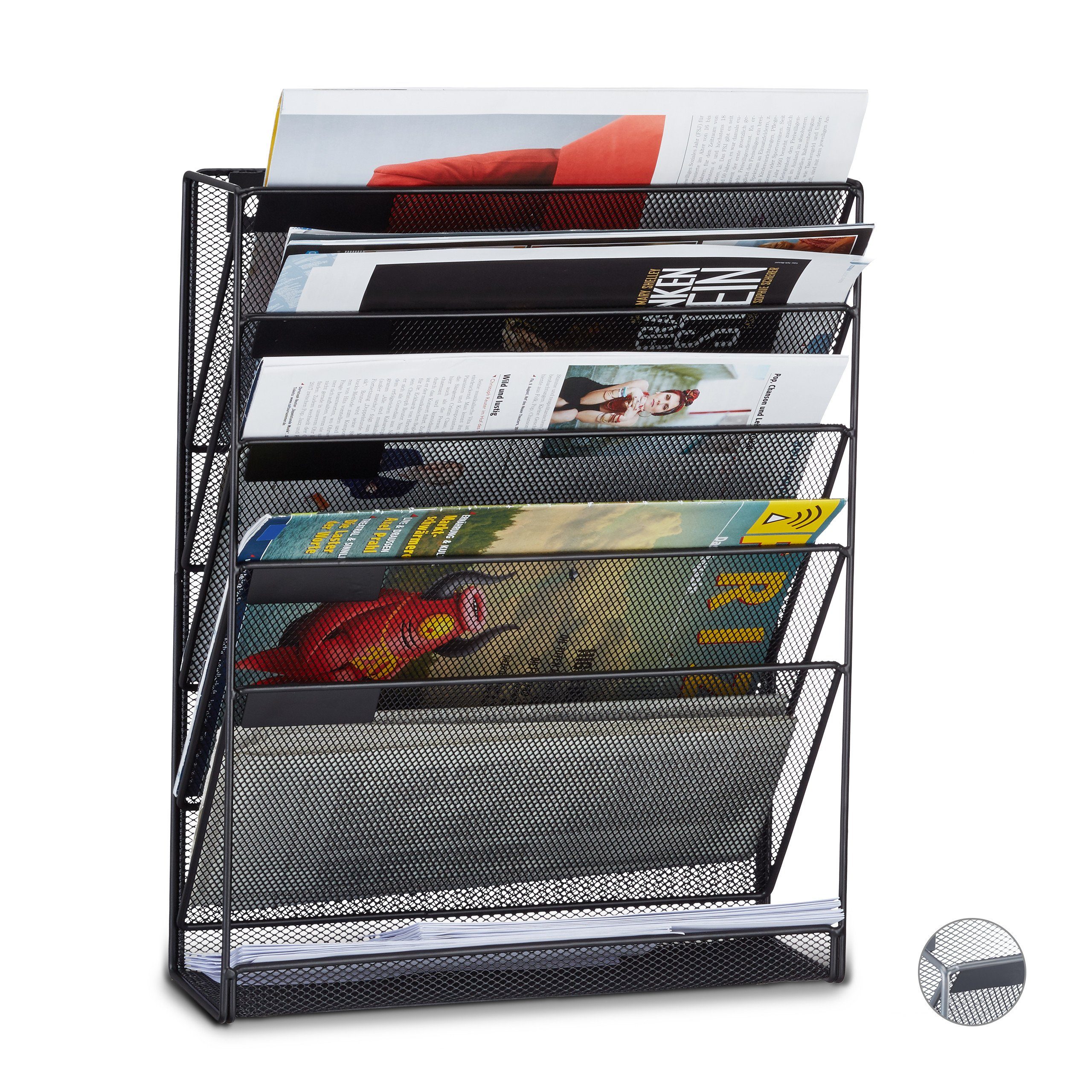 relaxdays Zeitungsständer Zeitschriftenhalter Wand, Schwarz