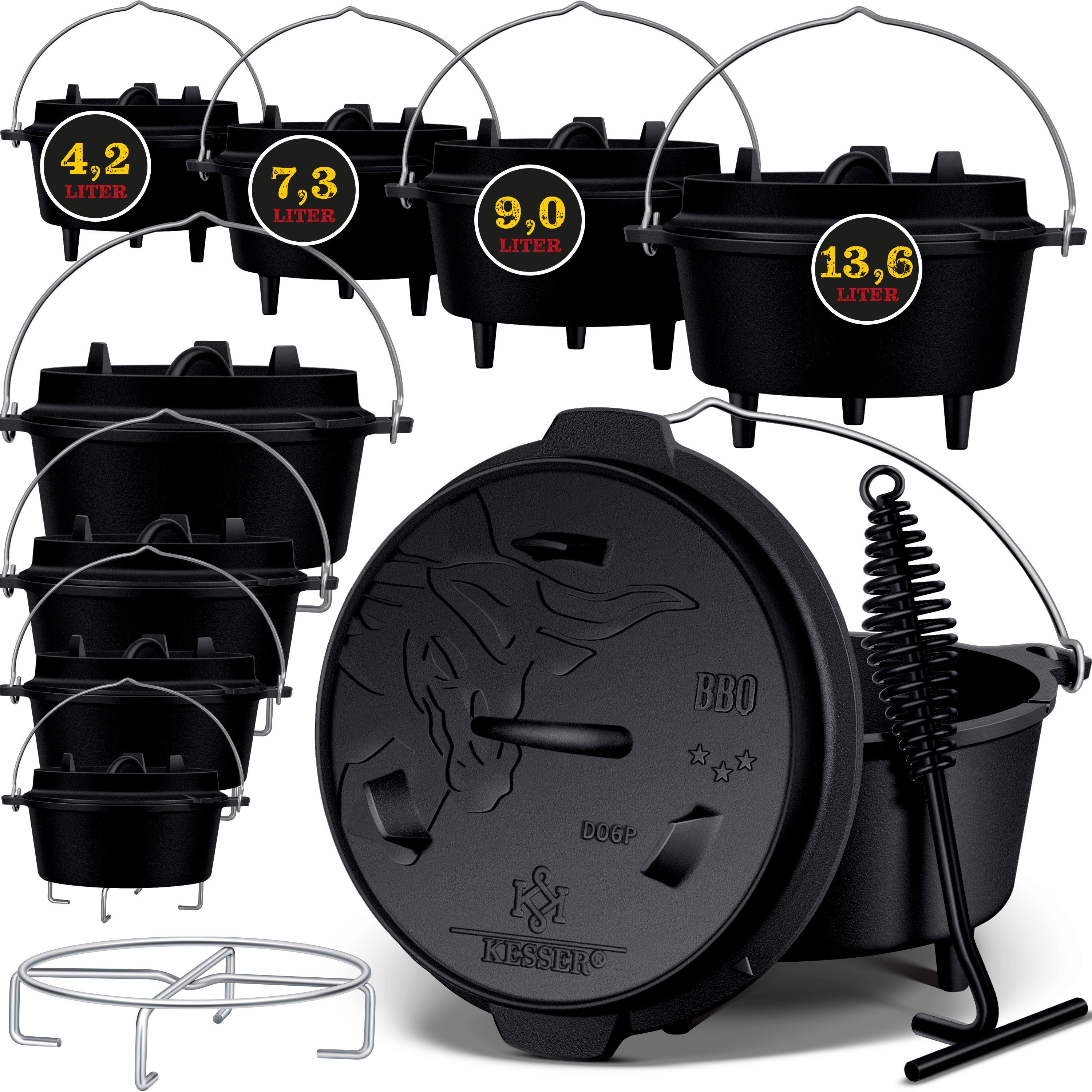 KESSER Feuertopf, Gußeisen, Dutch Oven Set BBQ Feuertopf Schmortopf, Gusseisen Topf