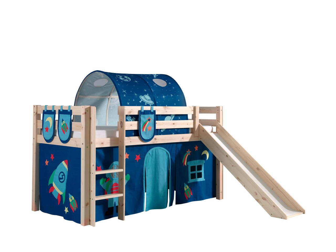 VIPACK Spielbett Pino inkl. Rutsche mit Textilset Vorhang, Tunnel und 3 Taschen 