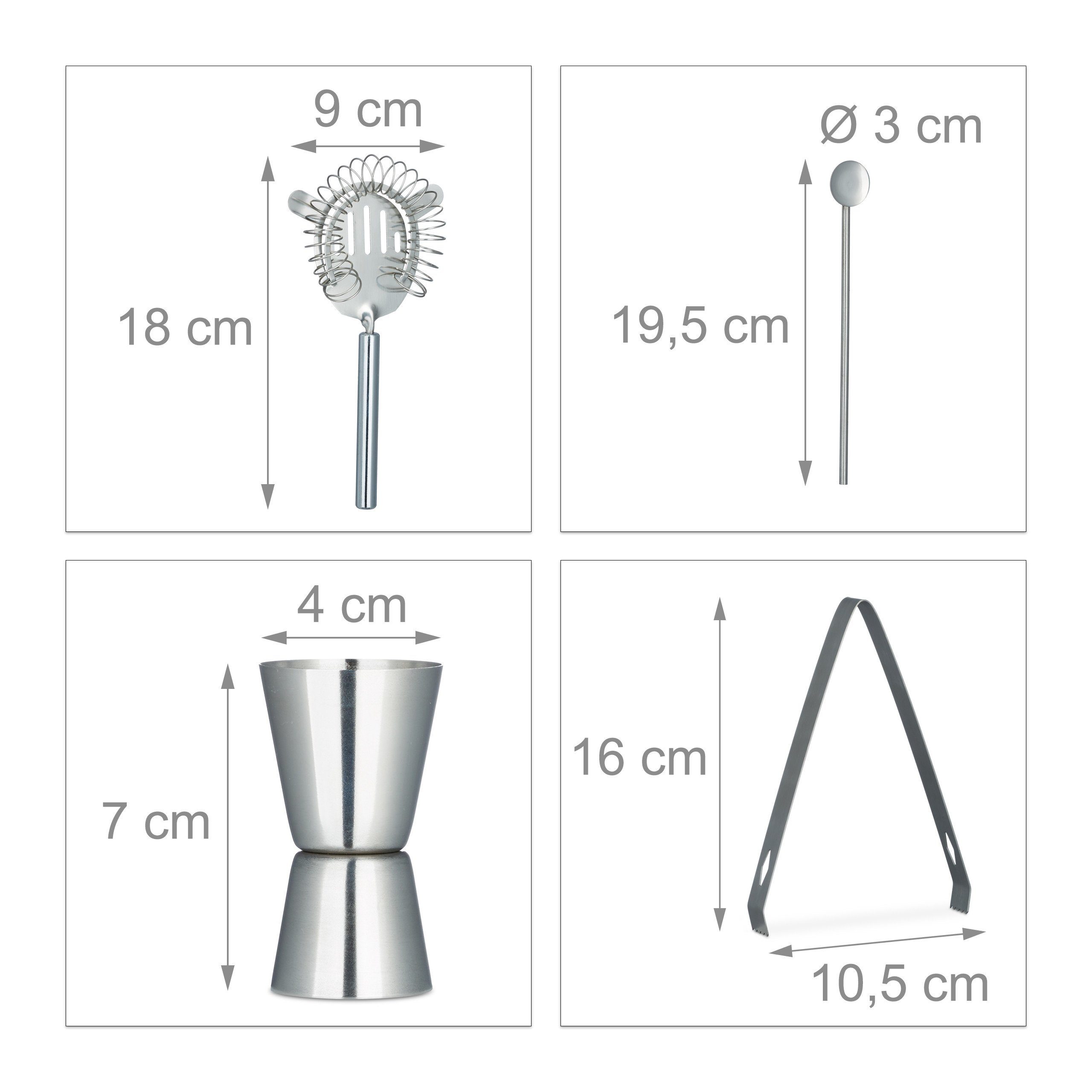 relaxdays Cocktail Shaker Cocktailset Edelstahl 5-teilig, Edelstahl