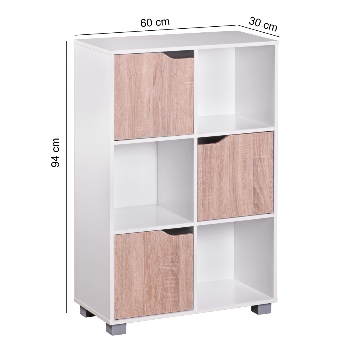 Wohnling Design Bücherregal Modern Holz Weiß mit Türen Sonoma Eiche Standregal freistehend 6 Fächer 60 x 90 x 30 cm