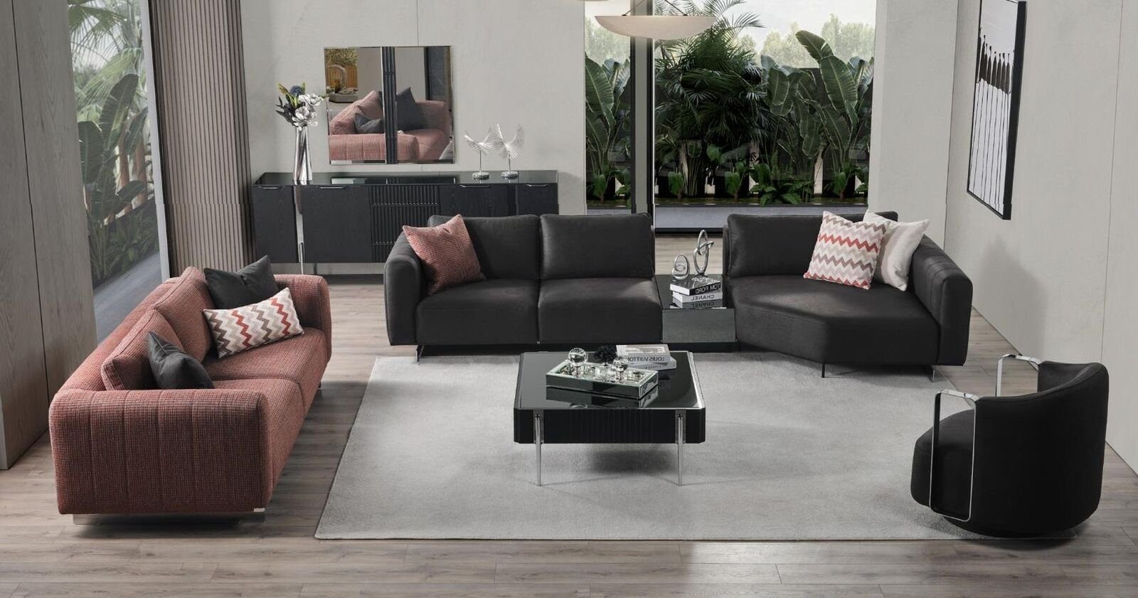 JVmoebel Wohnzimmer-Set Designer Sofagarnitur 3+2 Sitzer Luxus Sessel Moderne Polster Couchen, (3-St., Sofa 4 Sitzer, Sofa 3 Sitzer, Sessel), Made in Europa
