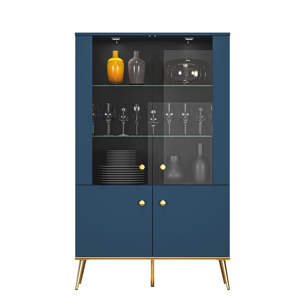 Lomadox Wohnwand MONTPELLIER-131, (4-St., 4-tlg), dunkelblau, LED-Beleuchtung, Füße & Griffe goldfarben, mit Couchtisch