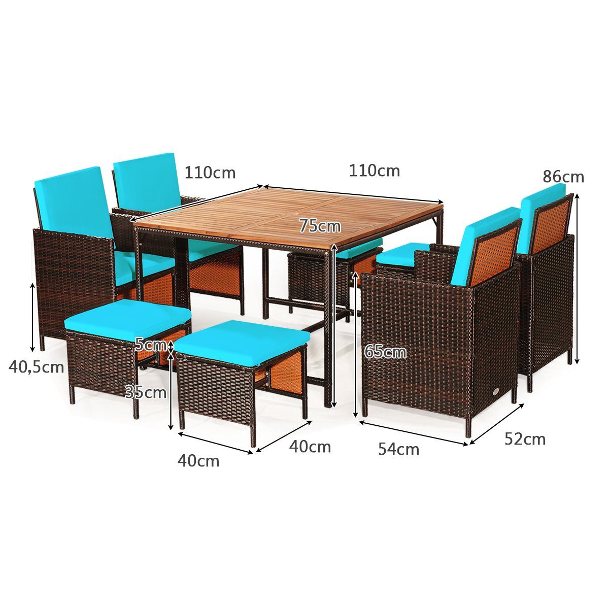 COSTWAY Garten-Essgruppe, (9-tlg), Rattan, 8 Personen, mit Schrimloch&Kissen