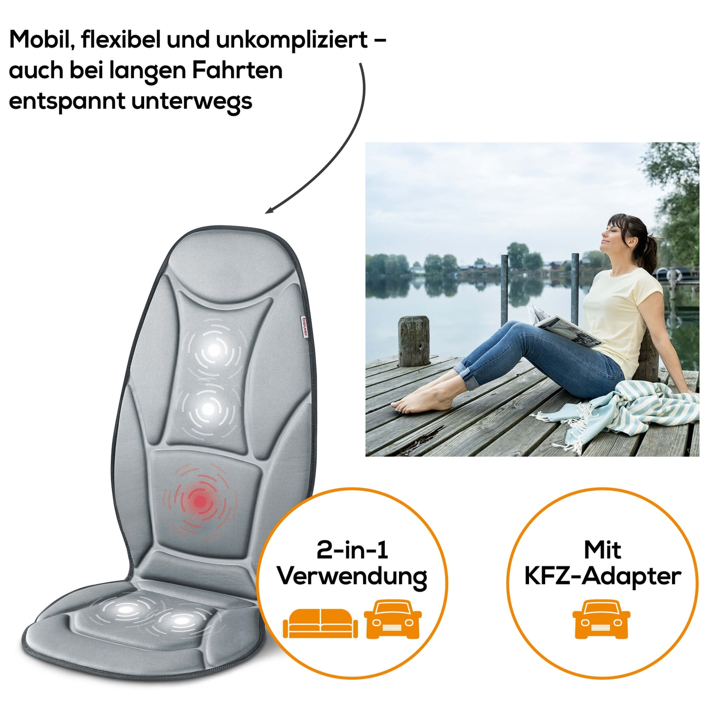 Beurer Massage-Sitzauflage MG 155-Massage-Sitzauflage mit Vibration & Wärmefunktion - für zu Hause & im Auto