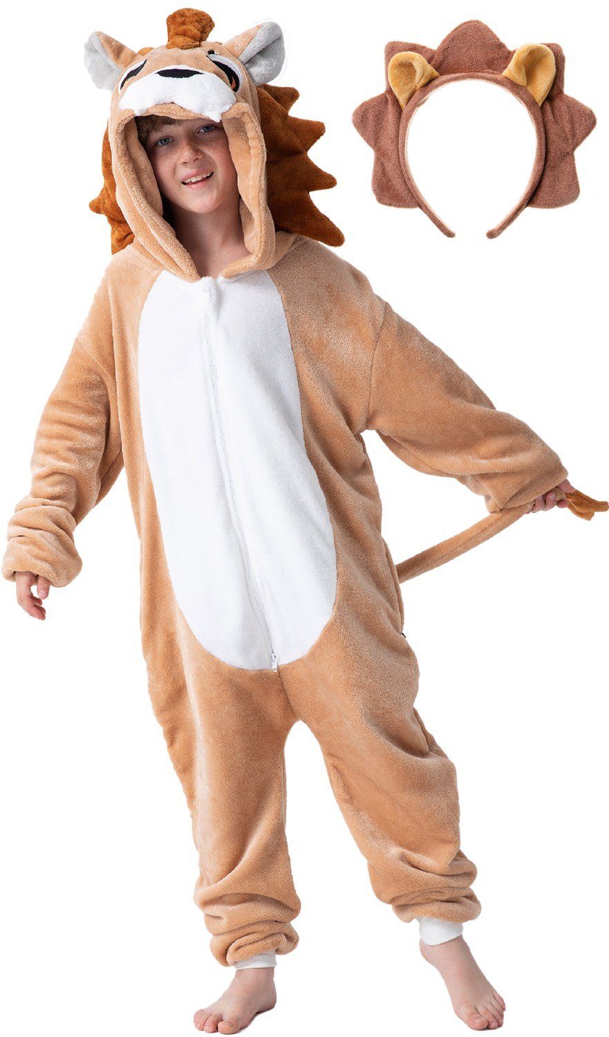 Corimori Jumpsuit Flauschiges Löwen-Kostüm für Kinder (2-tlg) mit Haarreif, Fasching, Mädchen, Jungen, Simba, König der Löwen