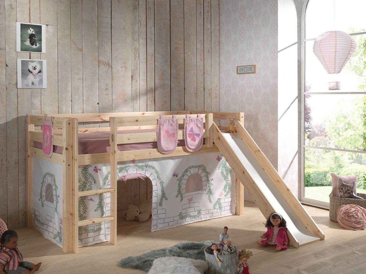 VIPACK Spielbett Pino inkl. Rutsche mit Textilset Vorhang und 3 Taschen 