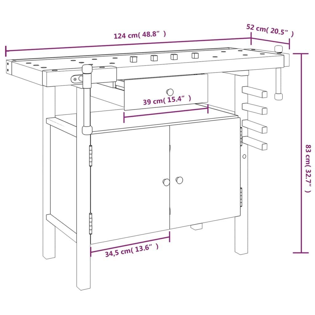 vidaXL Werkbank Werkbank mit Schubladen Schraubstöcken 124x52x83 cm Akazienholz, (1-tlg)