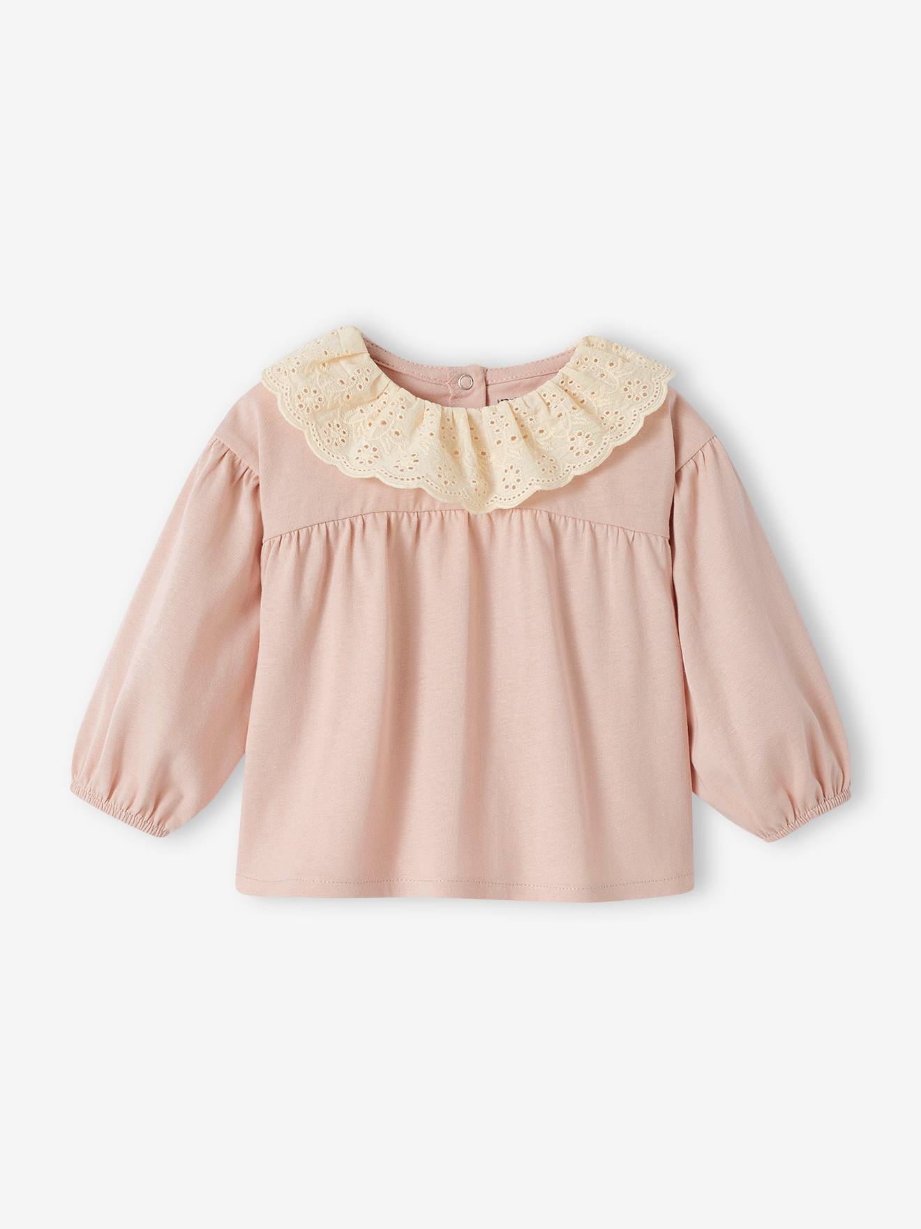 Tee-shirt col en broderie anglaise bébé manches longues rose pâle