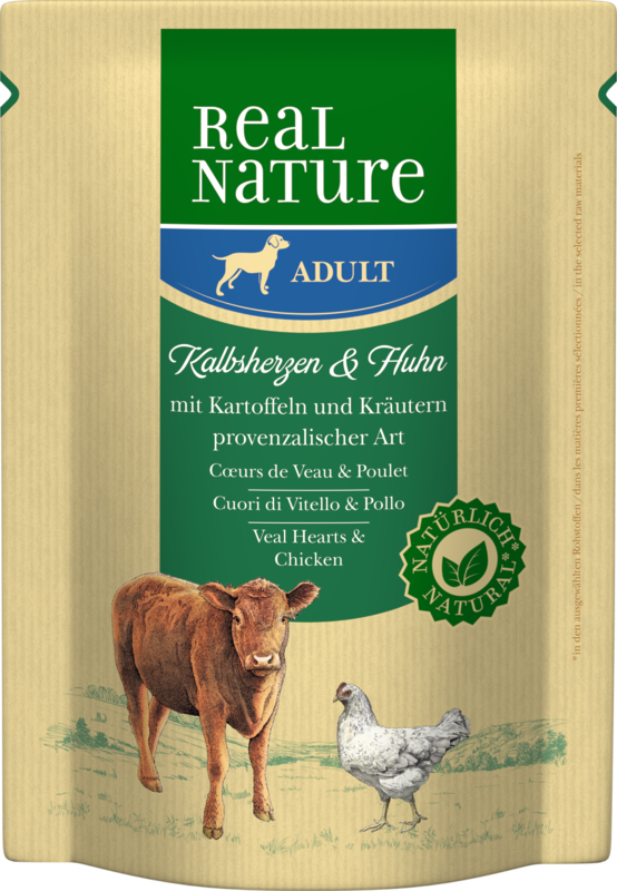 REAL NATURE Hundenassfutter REAL NATURE Adult Pouches 6x300g Kalbsherzen & Huhn