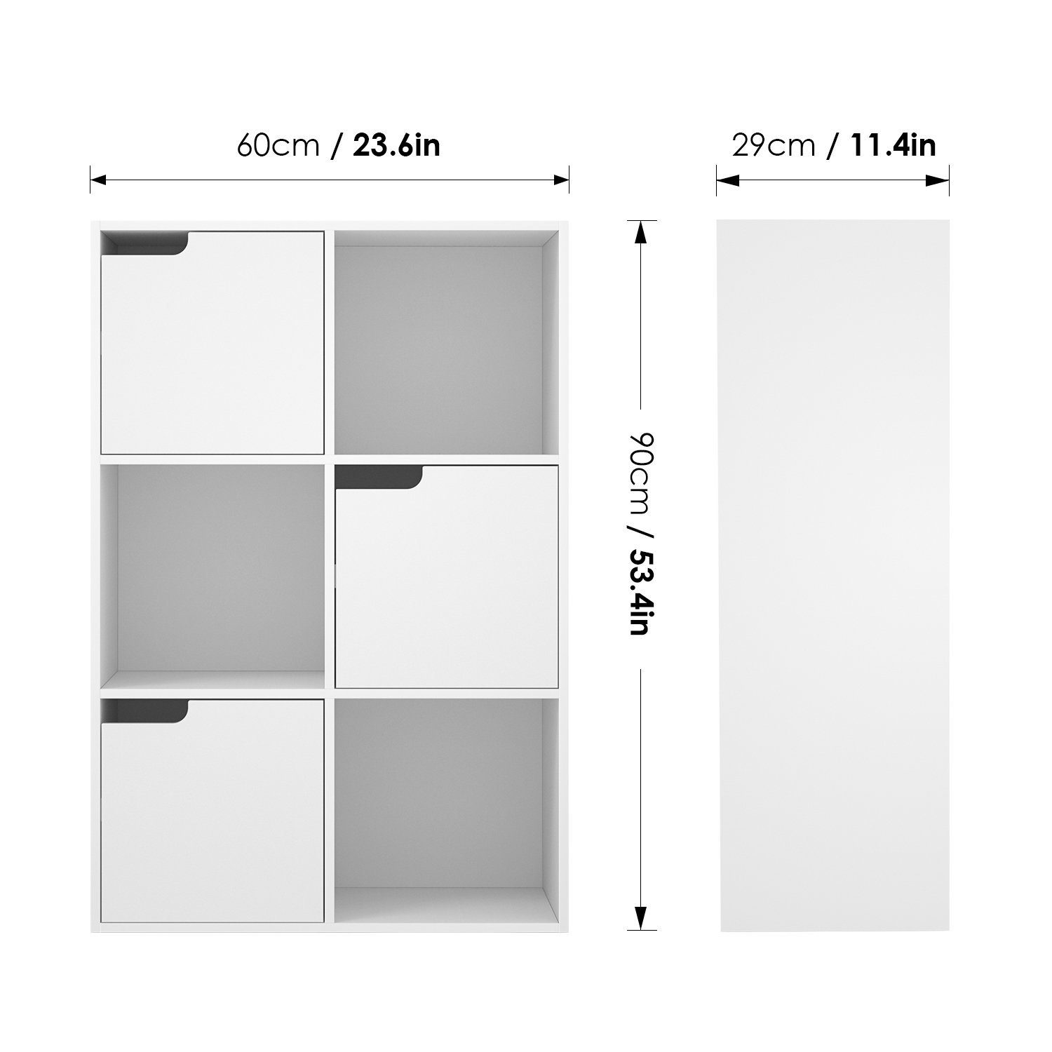 Homfa Bücherregal mit 3 Türen, Standregal, Regal Weiß aus Holz 60x29x90 cm