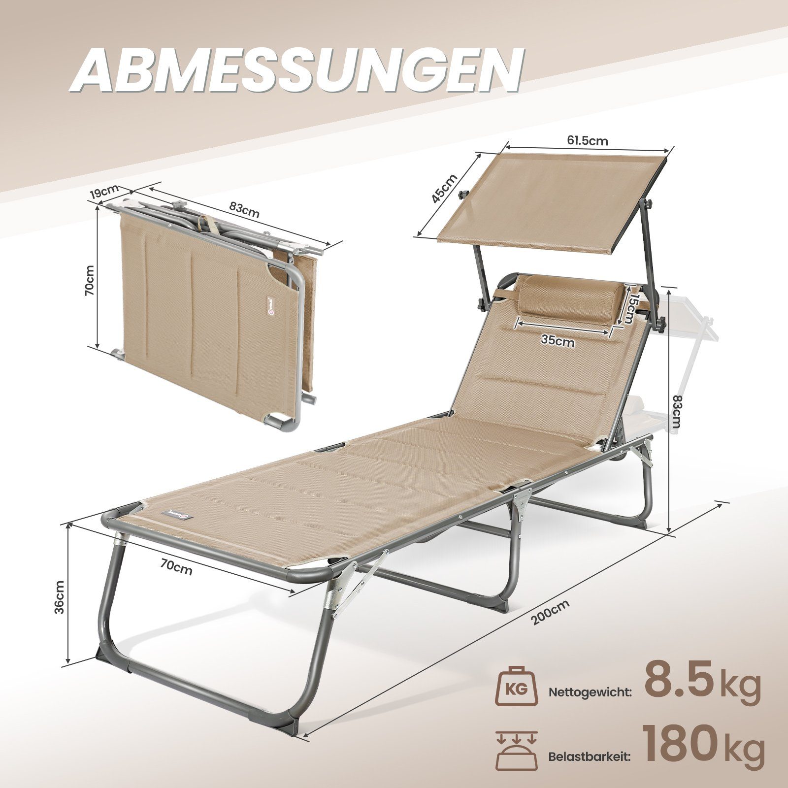 HOMECALL Gartenliege Sonnenliege AluLiege Liegestuhl Strandliege, klappbar, Textilene Mit Dickem Schwamm, Verstellbare Rückenlehne, Sonnenblende, Kopfpolster, bis 150KG