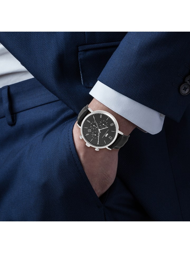 Rhodenwald & Söhne Herren Chronograph silber Echtleder schwarz in schwarz günstig kaufen 21 cm