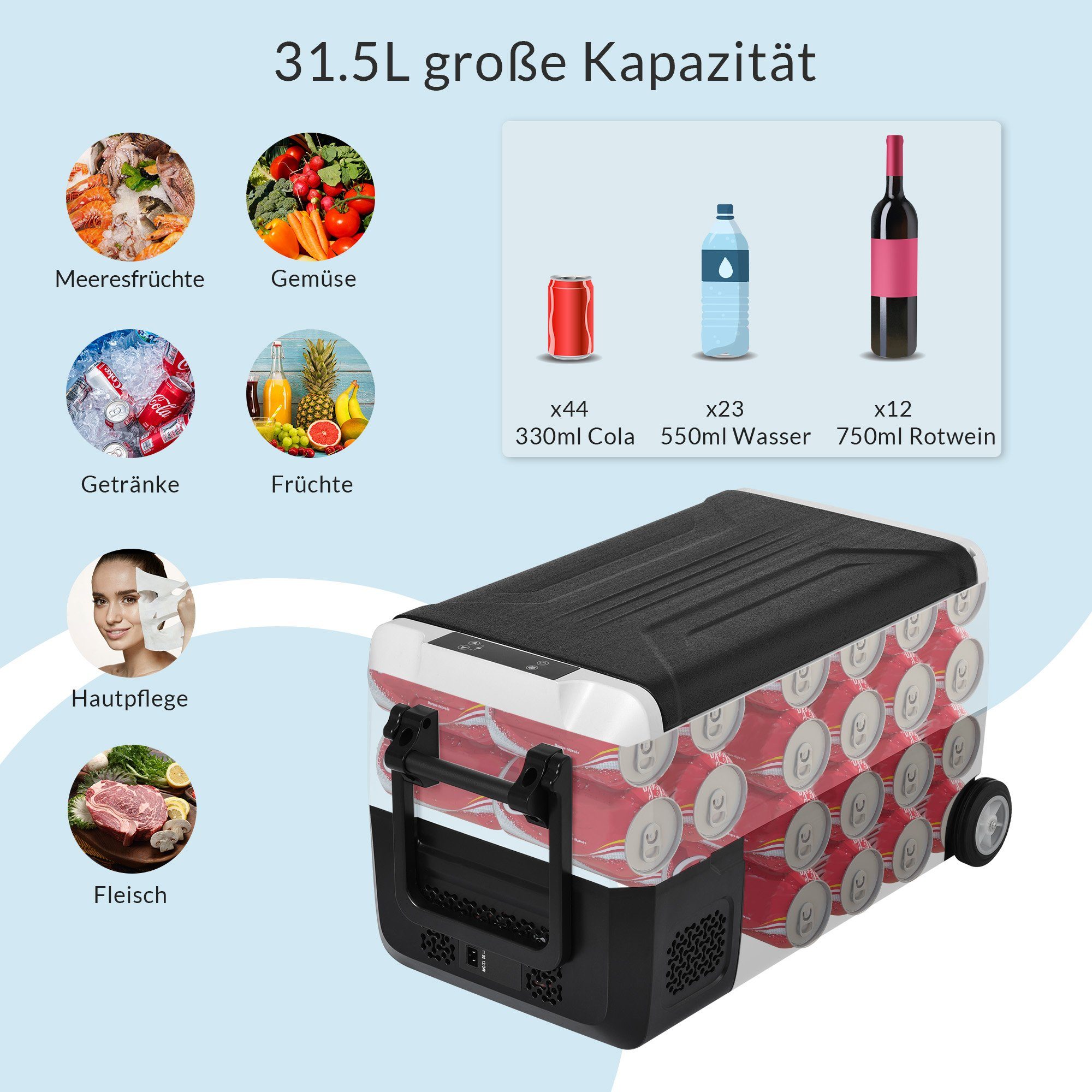 Fangqi Kühlbox 31,5 Liter tragbarer Gefrierschrank 12/24 V und 100-240 V AC,Kühlgerät, Geeignet für Autos, Wohnmobile,Camping,Reisen und den Heimgebrauch