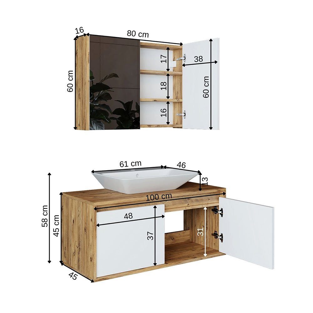 Roomart Badmöbel-Set, (Badmöbel Set 3-teilig 100cm Unterschrank mit Waschbecken Spiegelscrank)