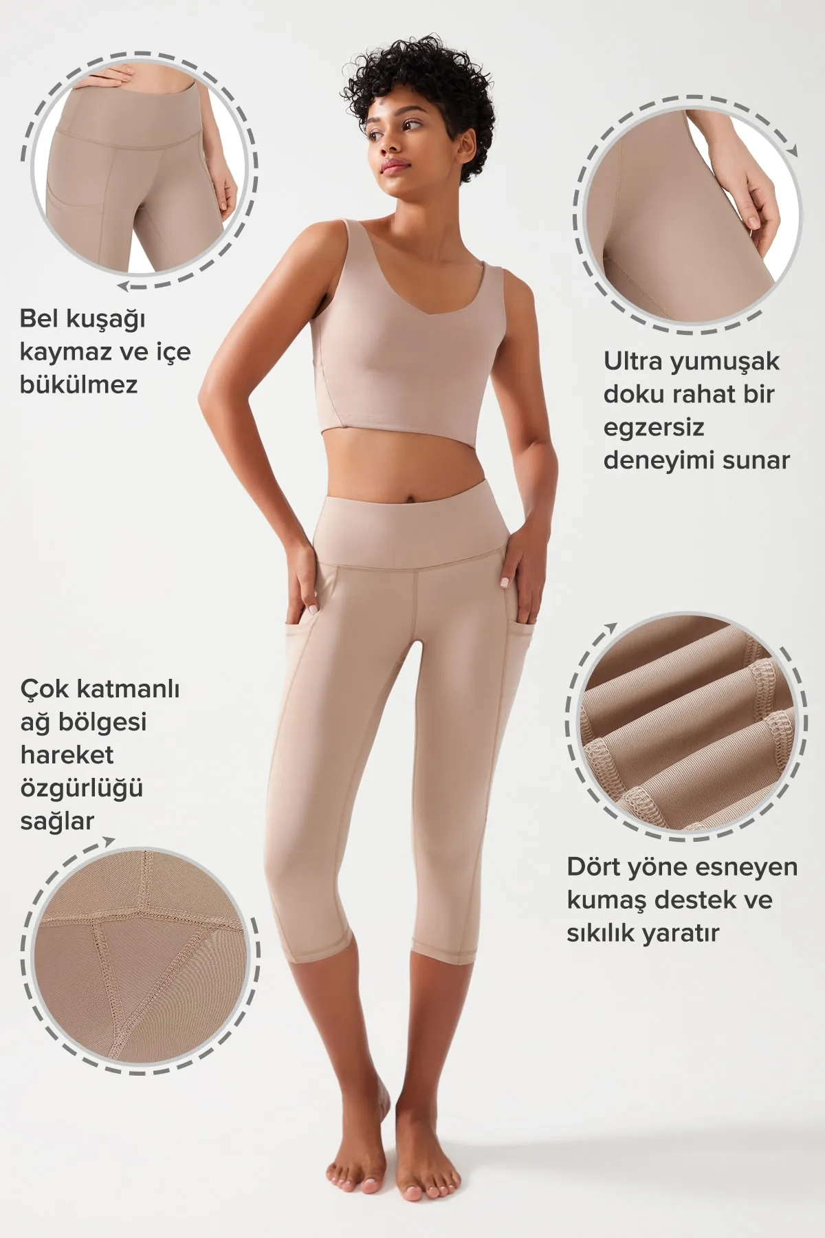 LOS OJOS  Beigefarbene Capri-Leggings mit hoher Taille und glättenden Doppeltaschen unterhalb des Knies für Damen
