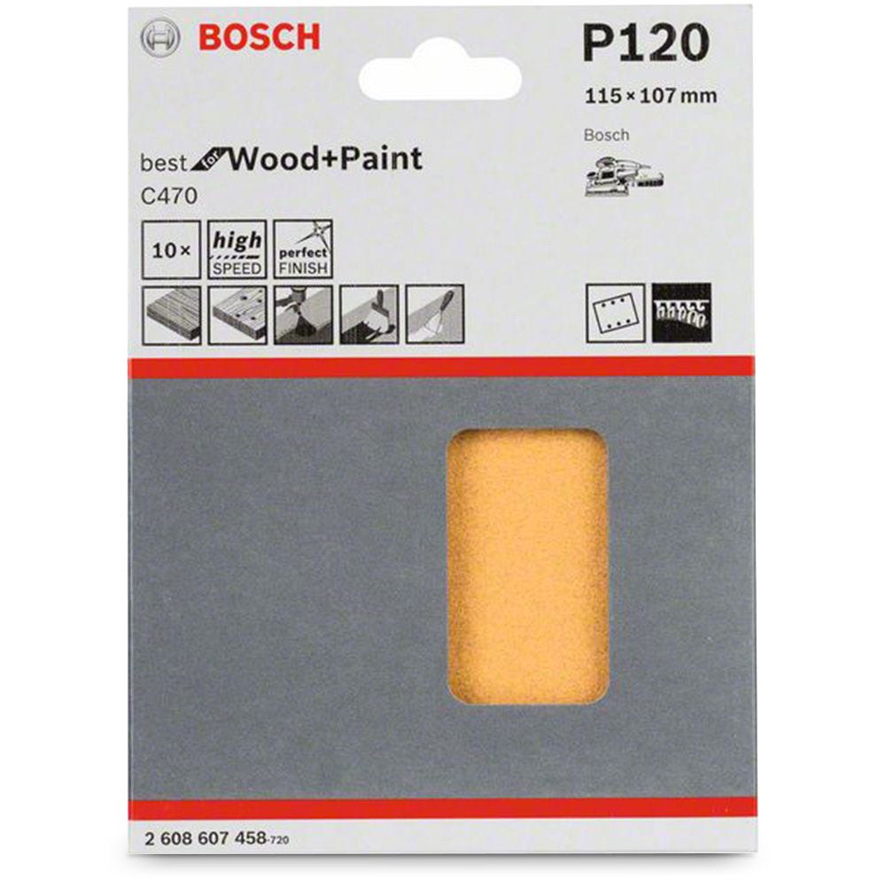 Lixa BOSCH 115 x 107 mm, grão 120, 6 furos, velcro, para madeira e tinta - C470, 10 unidades